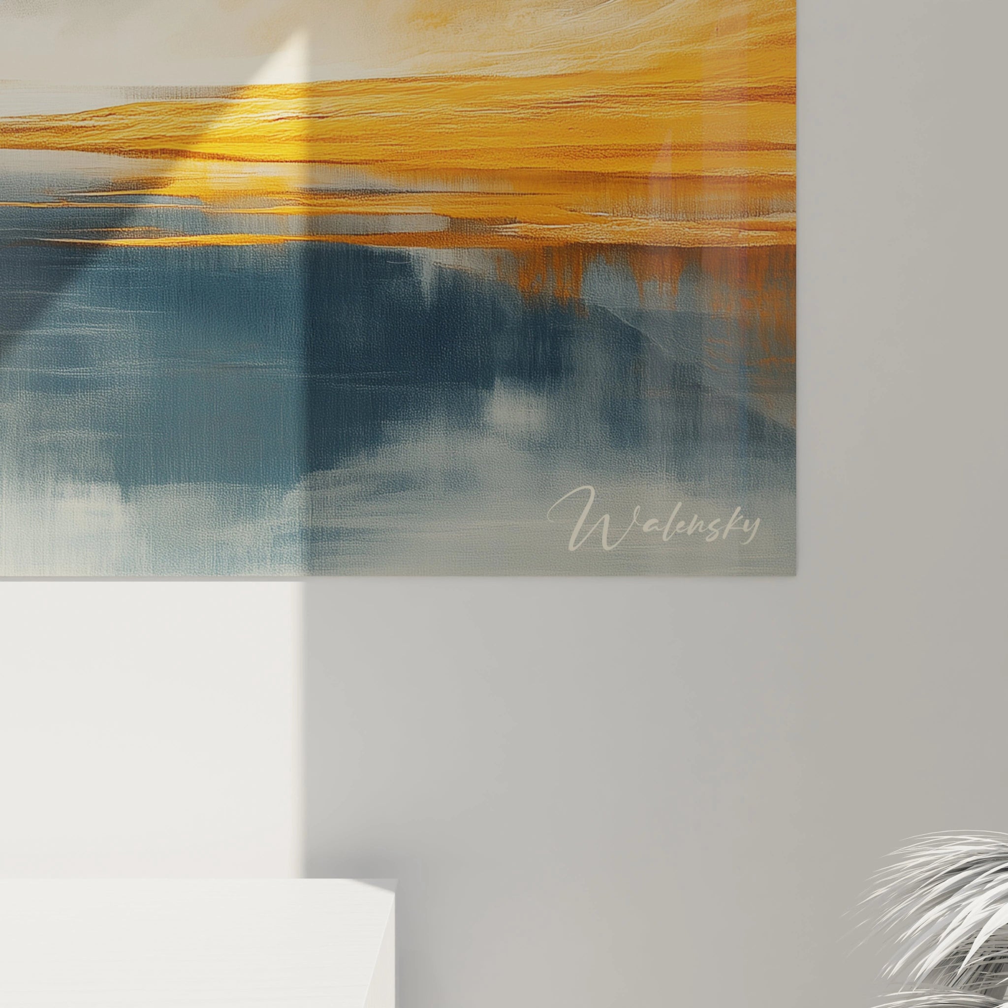 Tableau montagne style impressionniste montrant un paysage alpin avec lac réfléchissant, dominante orange sur les versants ensoleillés, transitions douces vers des tons bleus froids, ciel crémeux lumineux.