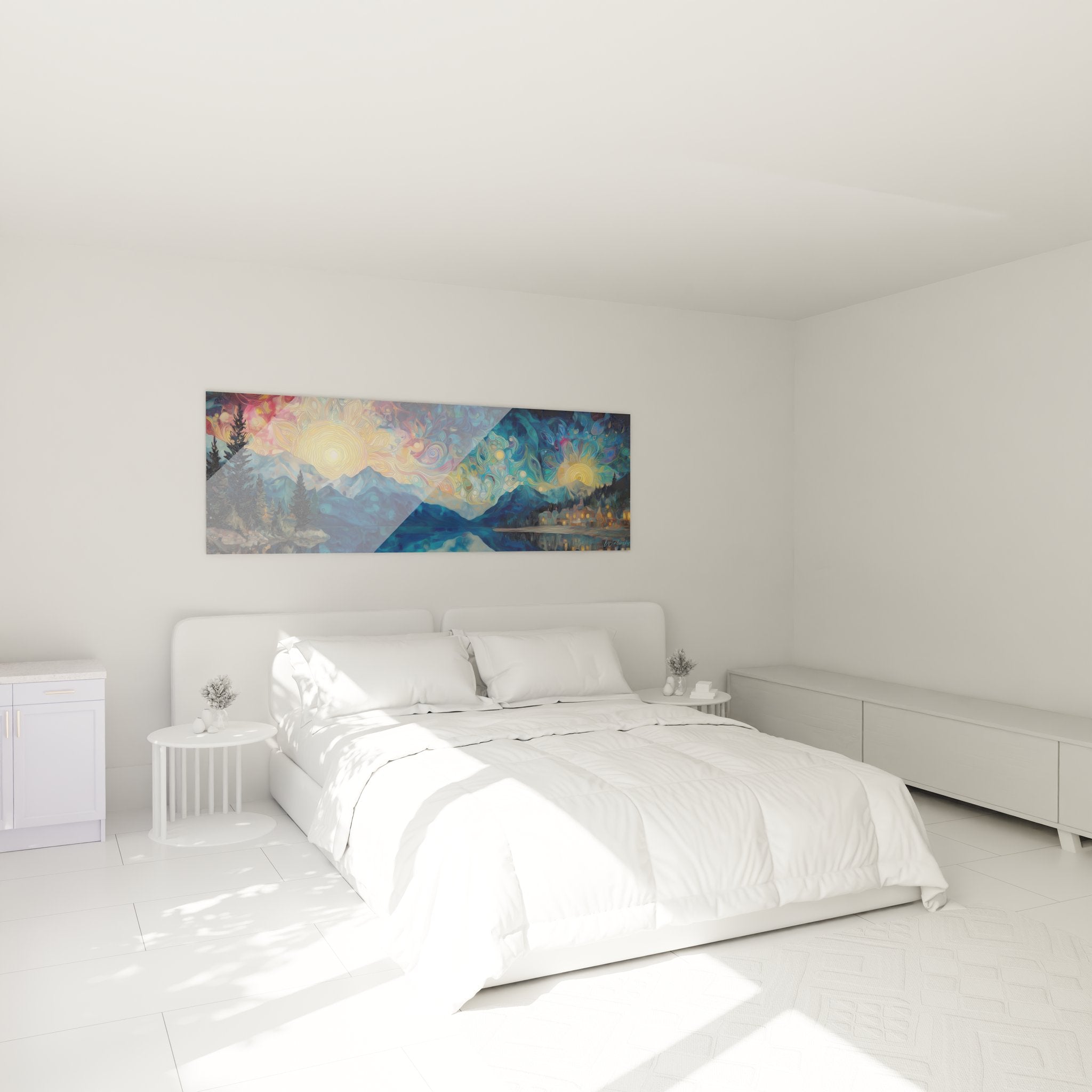 Surrealist lake painting in modern bedroom, calming decorative atmosphere with mountainous landscape