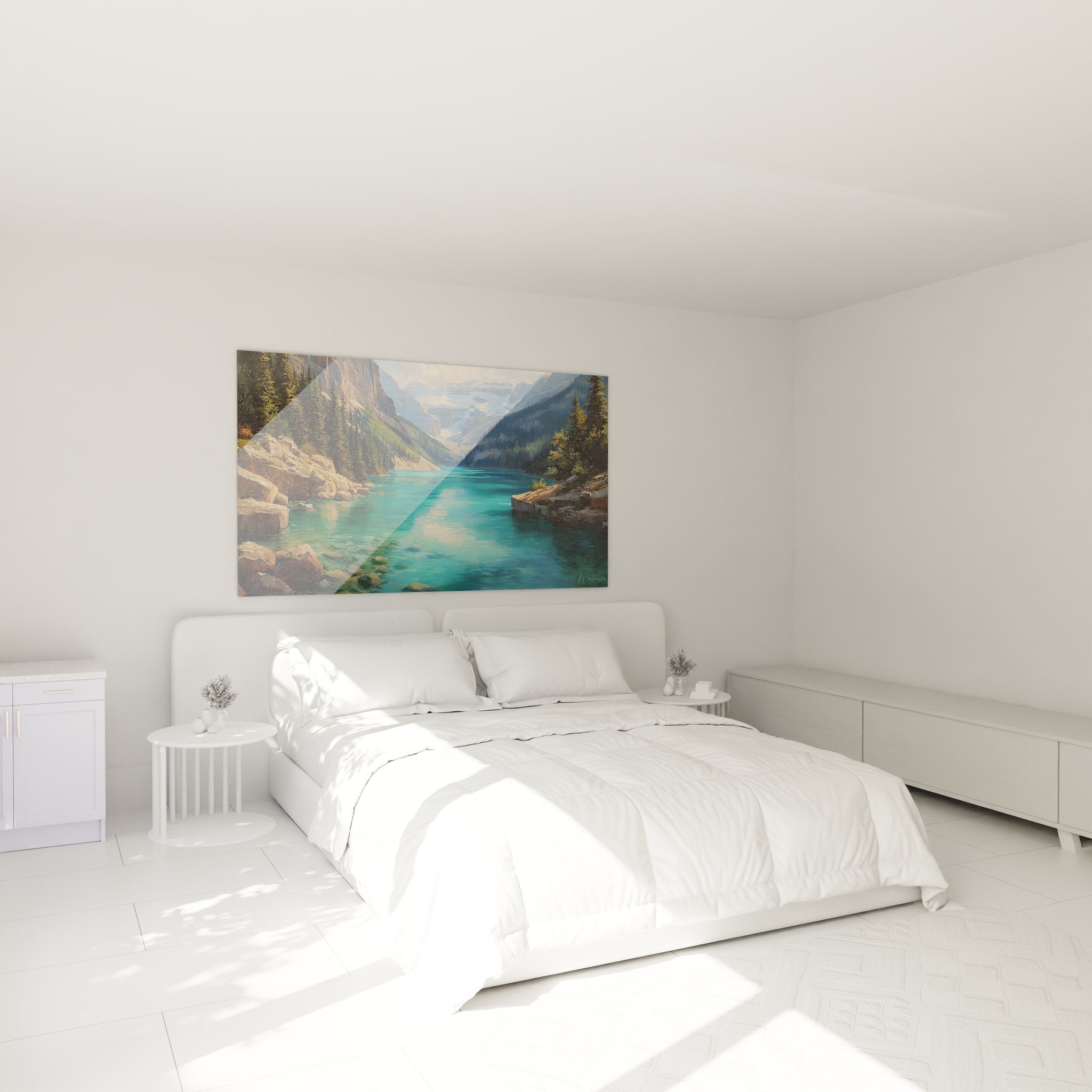 Ambiance chambre avec tableau lac turquoise montagne - décoration apaisante paysage alpin mural