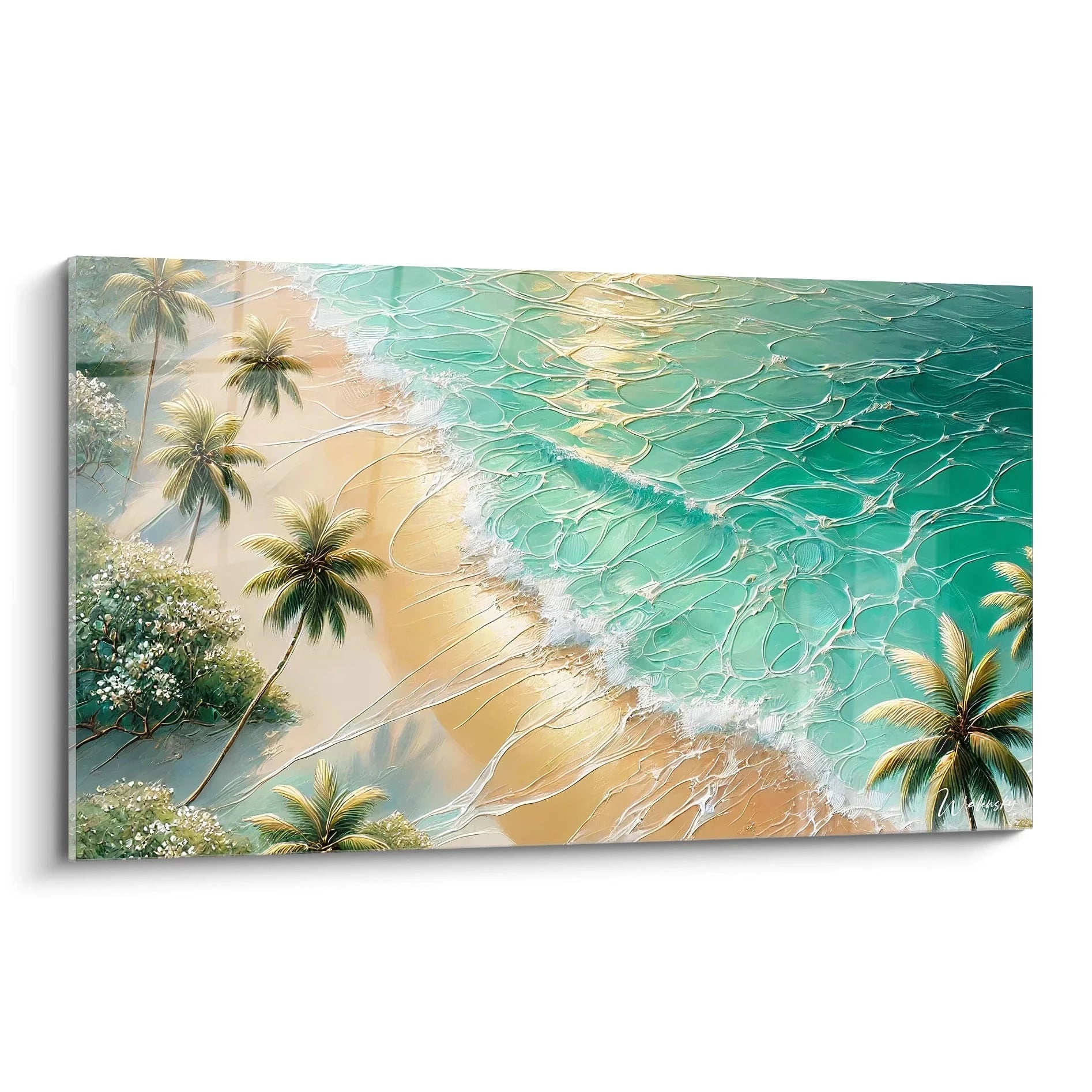 Découvrez ce tableau Plage vu de biais, capturant la sérénité des tropiques avec ses lignes fluides et textures évoquant les vagues cristallines.