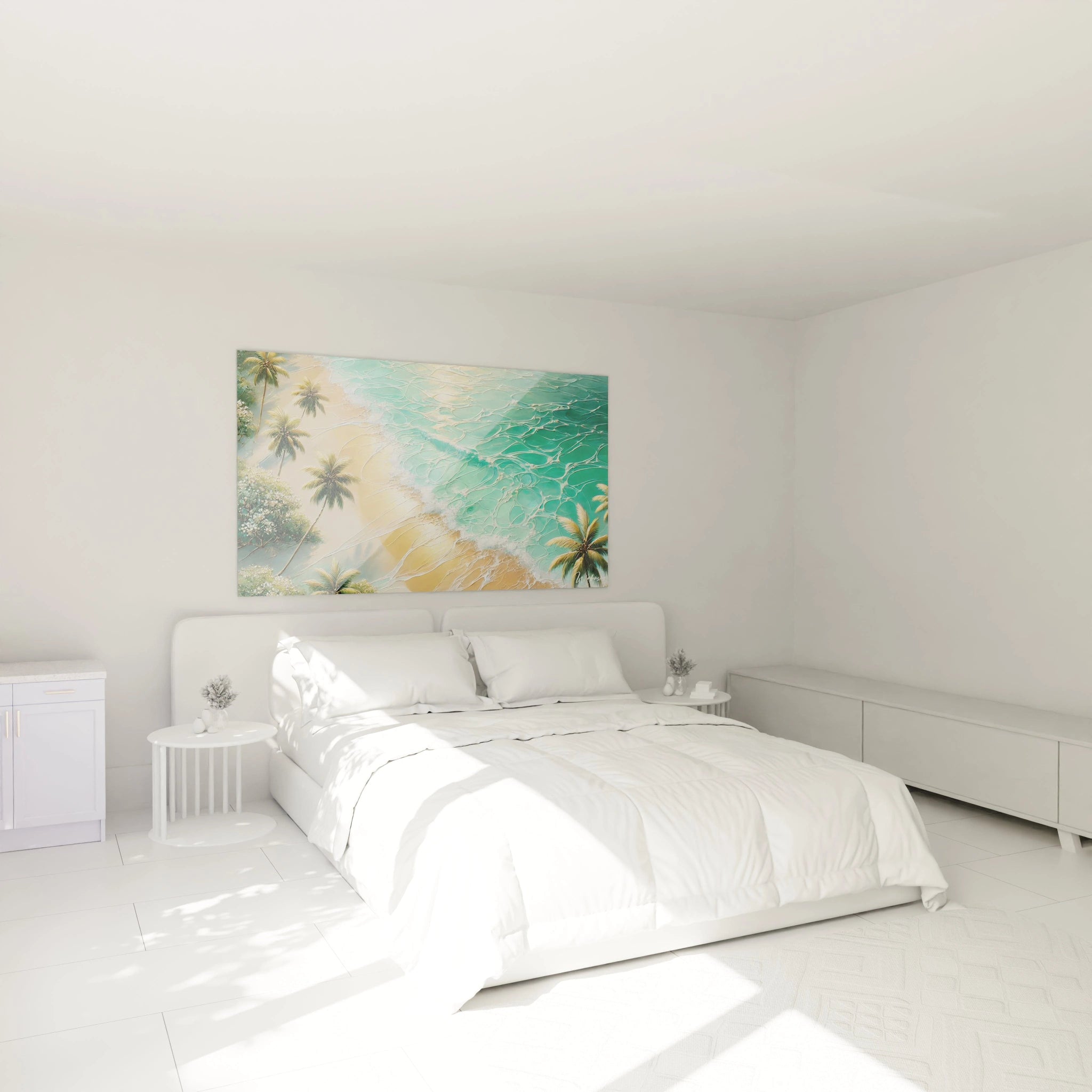 Ce tableau Plage embellit votre chambre, accroché au-dessus du lit, apportant une atmosphère apaisante inspirée des levers de soleil tropicaux.