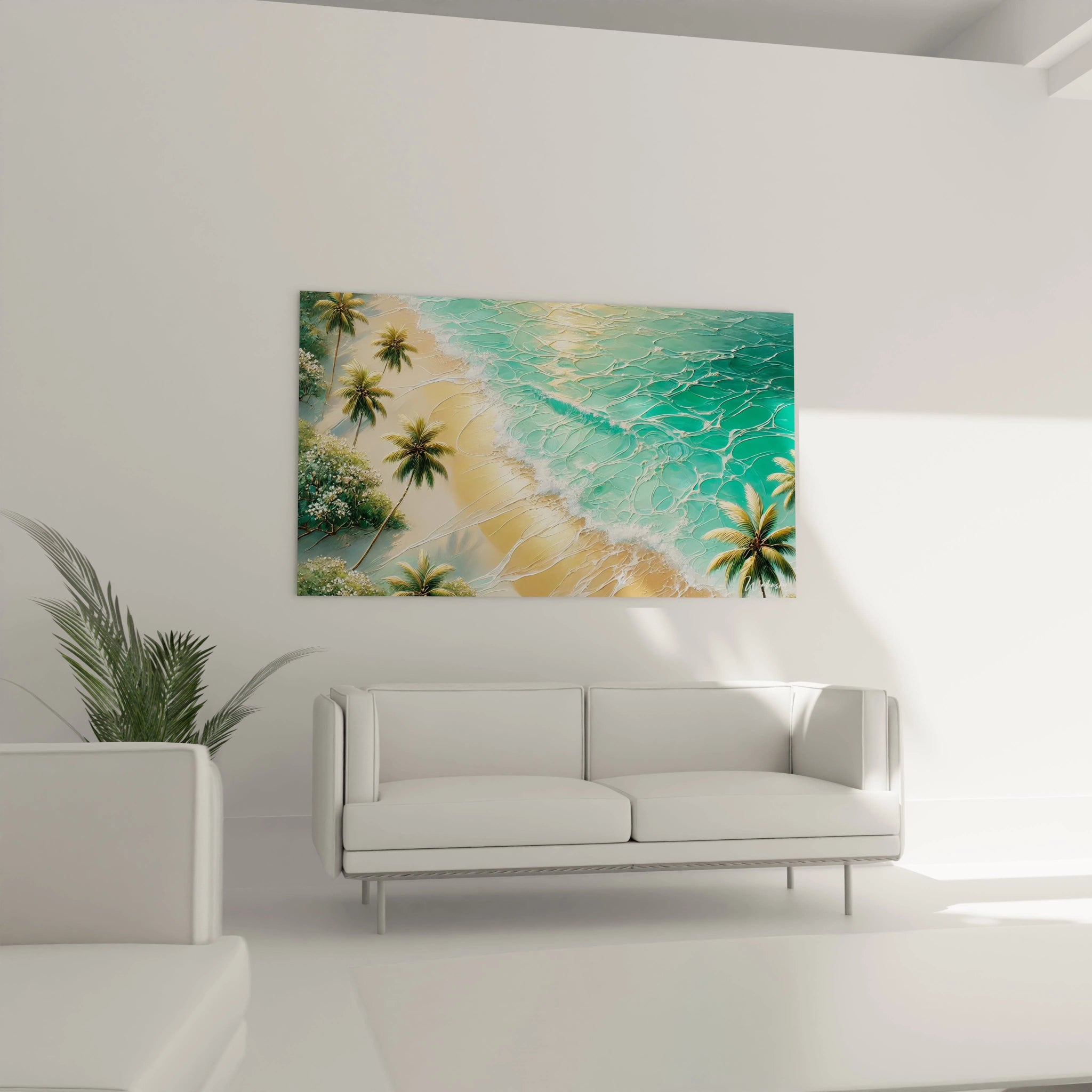 Sublimez votre salon avec ce tableau Plage accroché au-dessus du canapé, une œuvre d'art qui invite à l'évasion et à la douceur des paysages exotiques.