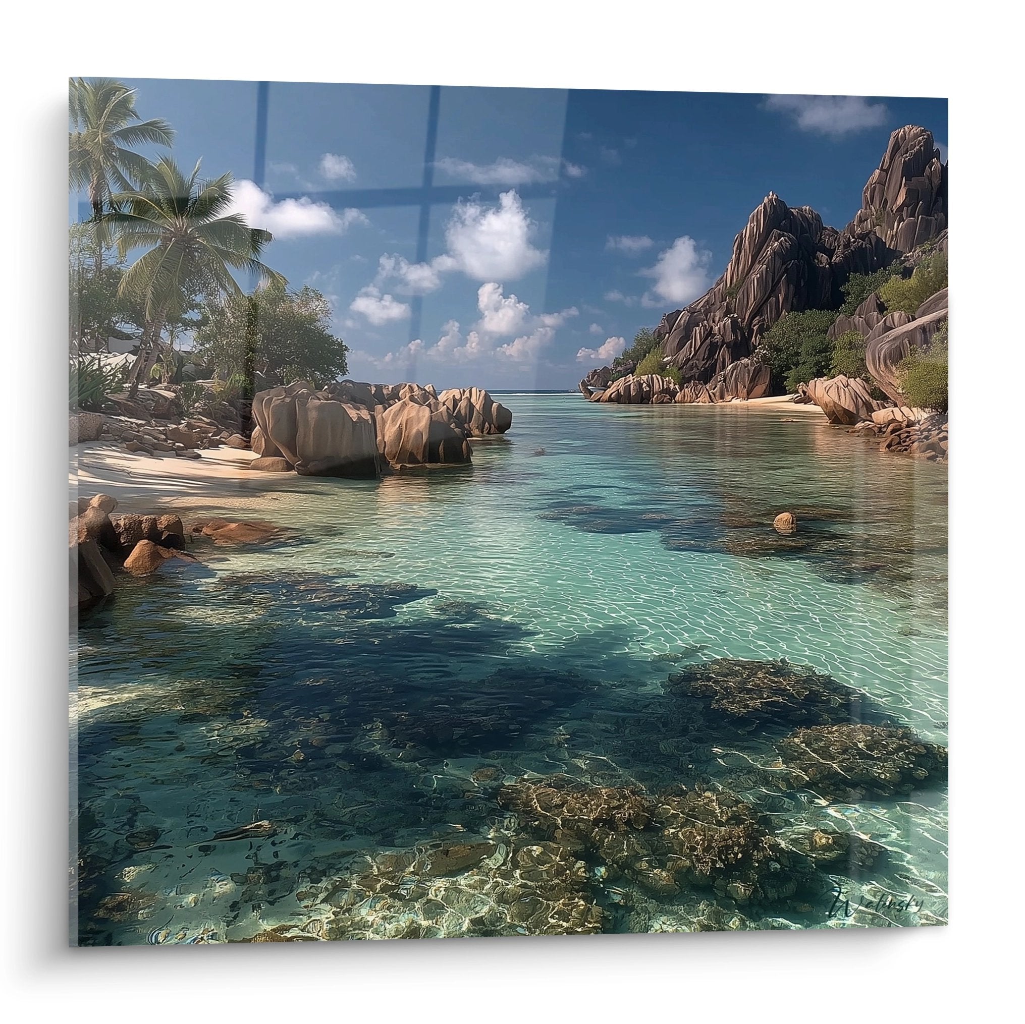 Tableau mural lagon tropical Seychelles avec rochers granitiques et eaux turquoise cristallines