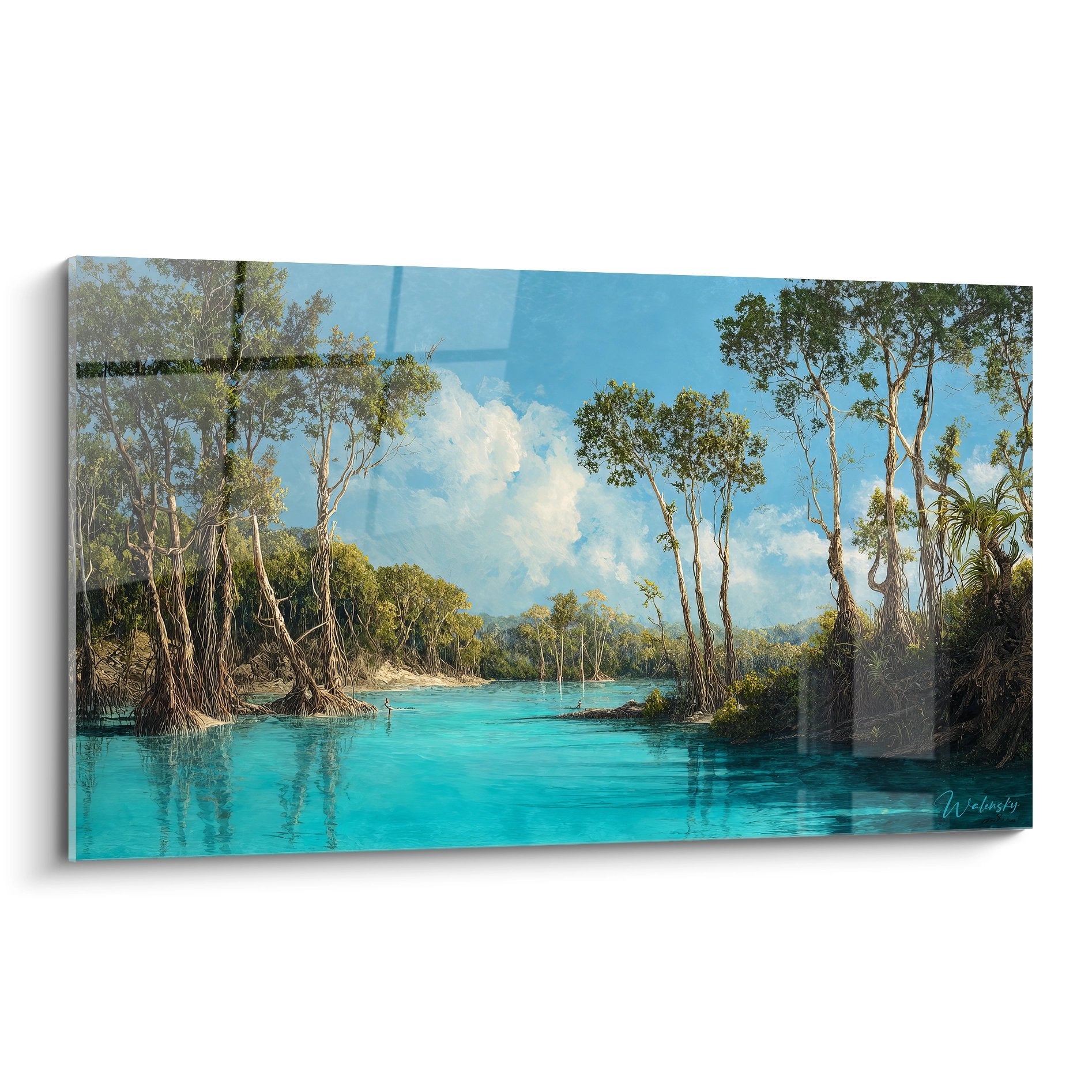 Tableau lagune tropicale eaux turquoise cristallines palmiers mangroves paysage exotique paradisiaque
