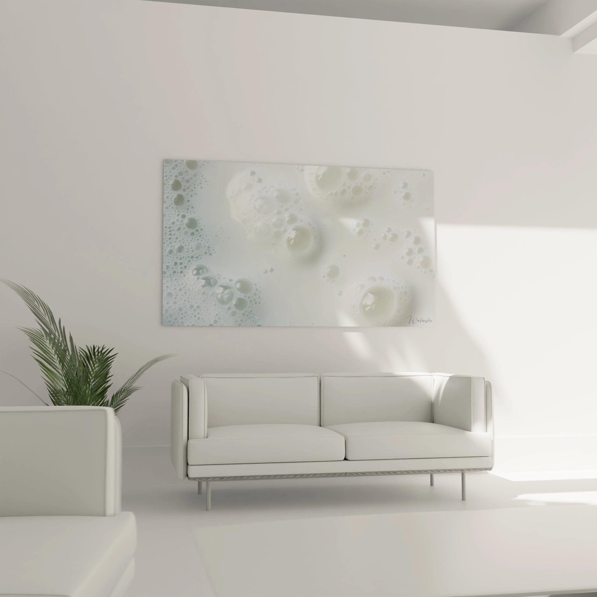 Un tableau lait mettant en avant un liquide blanc aux reflets nacrés, parsemé de bulles de différentes dimensions, avec une texture fluide et un contraste entre zones opaques et translucides.