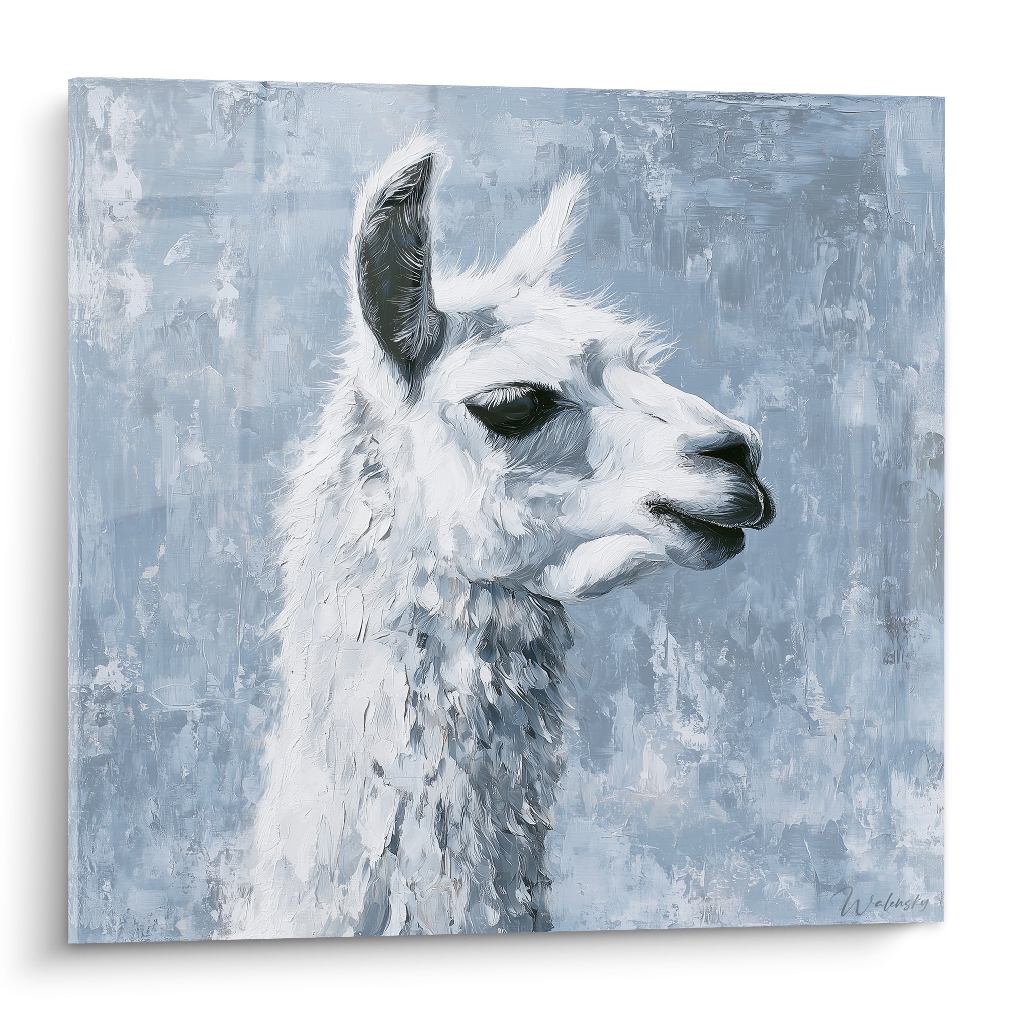 Lama blanc de profil sur fond bleu ardoise texturé, empâtements épais et regard paisible