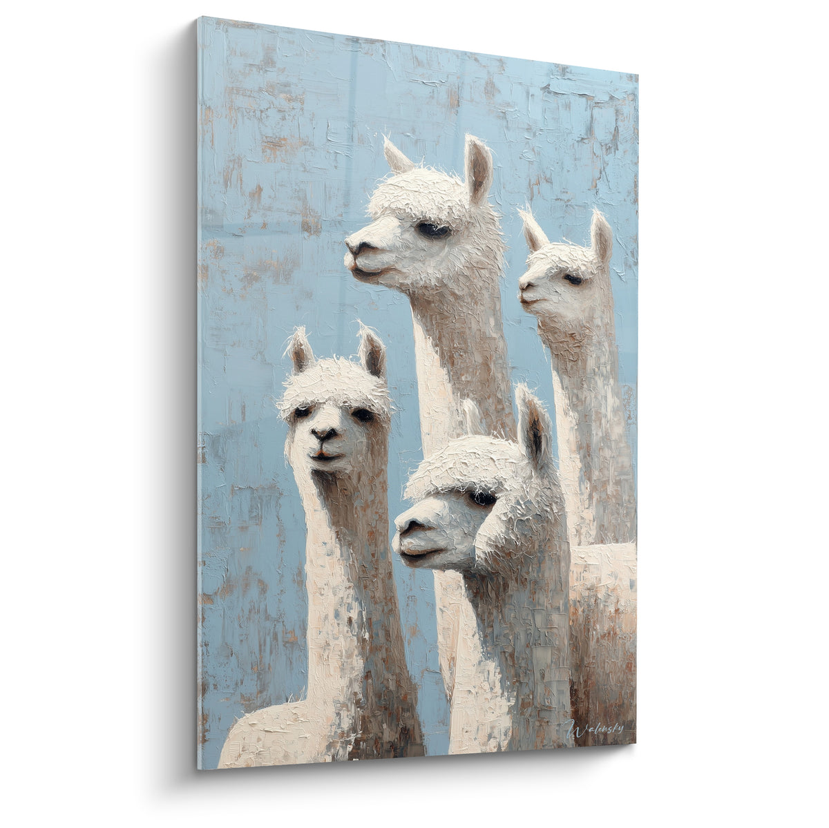 Quatre lamas blancs et beiges se dressent sur un fond bleu poudré texturé au couteau