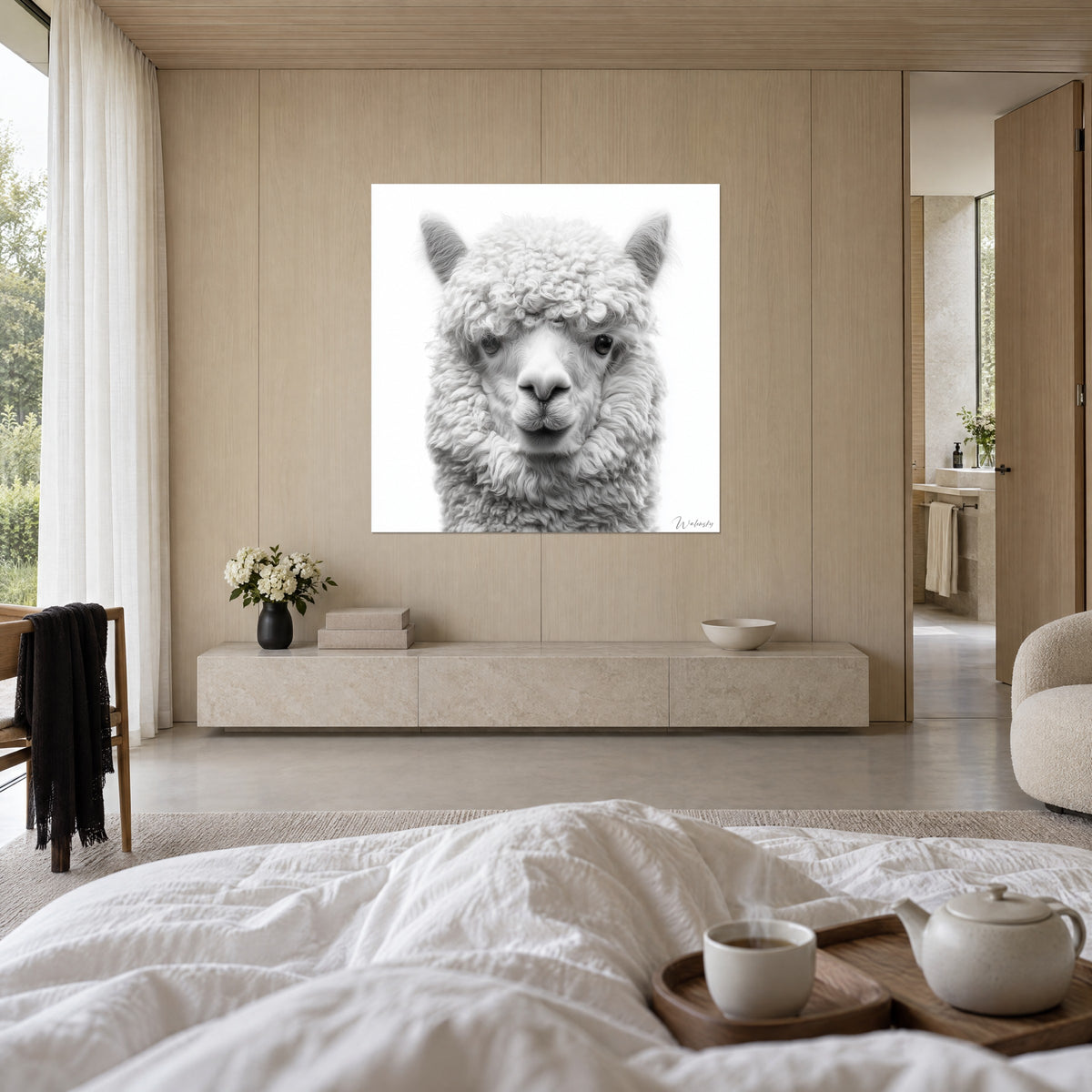 Gemälde Alpaka-Porträt mit weißer Lockenwolle, zartrosa Schnauze und grauen Schatten, über einem Bett in einem hellen Schlafzimmer