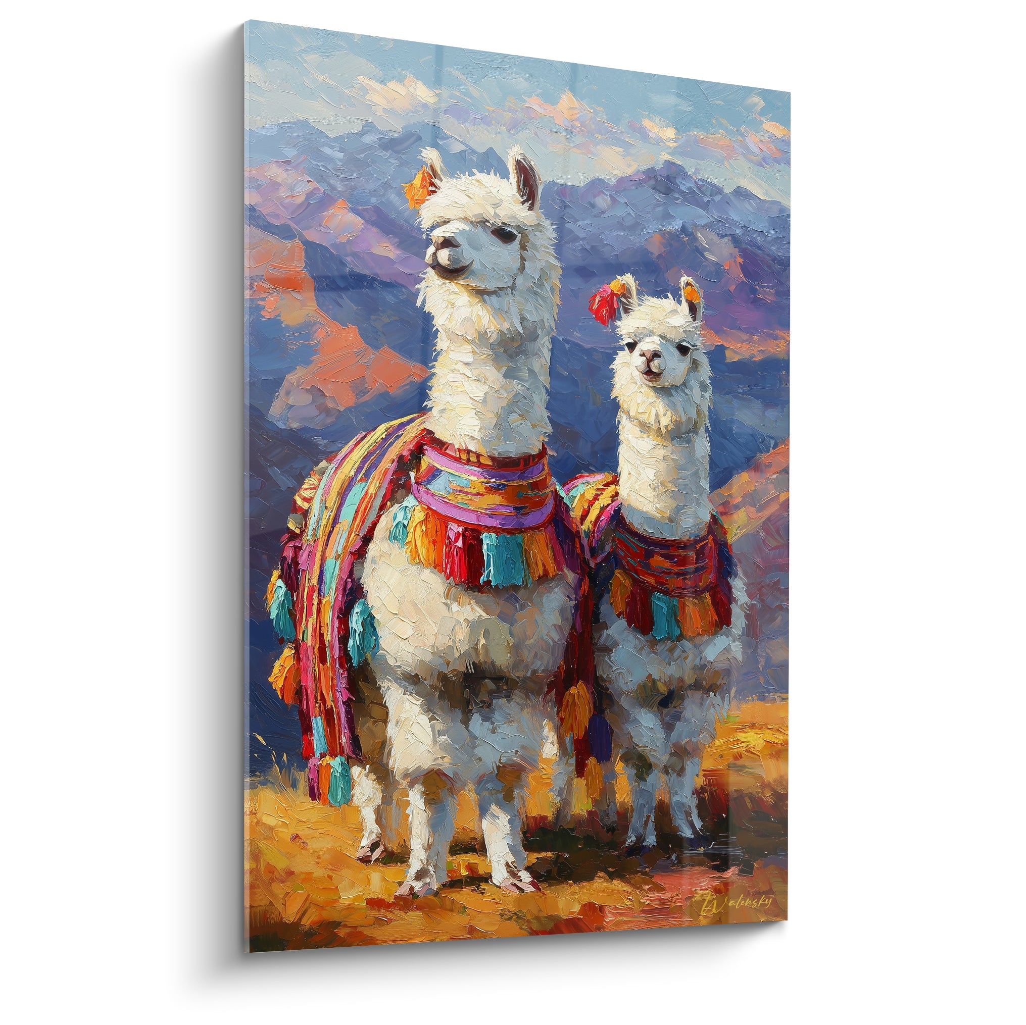 Lamas blancs parés d'étoffes fuchsia et turquoise devant des montagnes bleu marine au couchant
