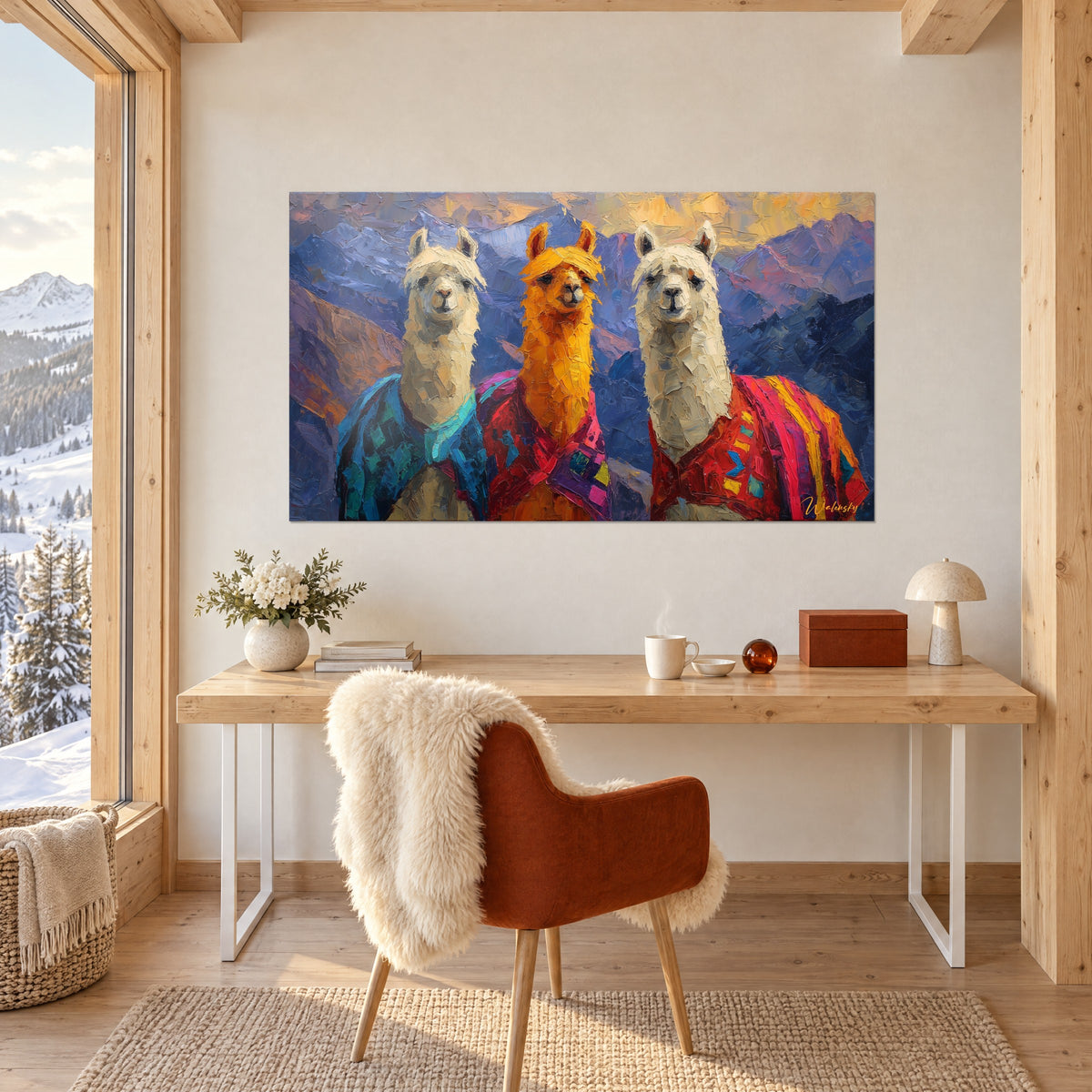 Schilderij drie lama's poserend in paarse en eendenblauwe poncho's, gouden lucht boven lila kammen, boven een bureau van licht hout