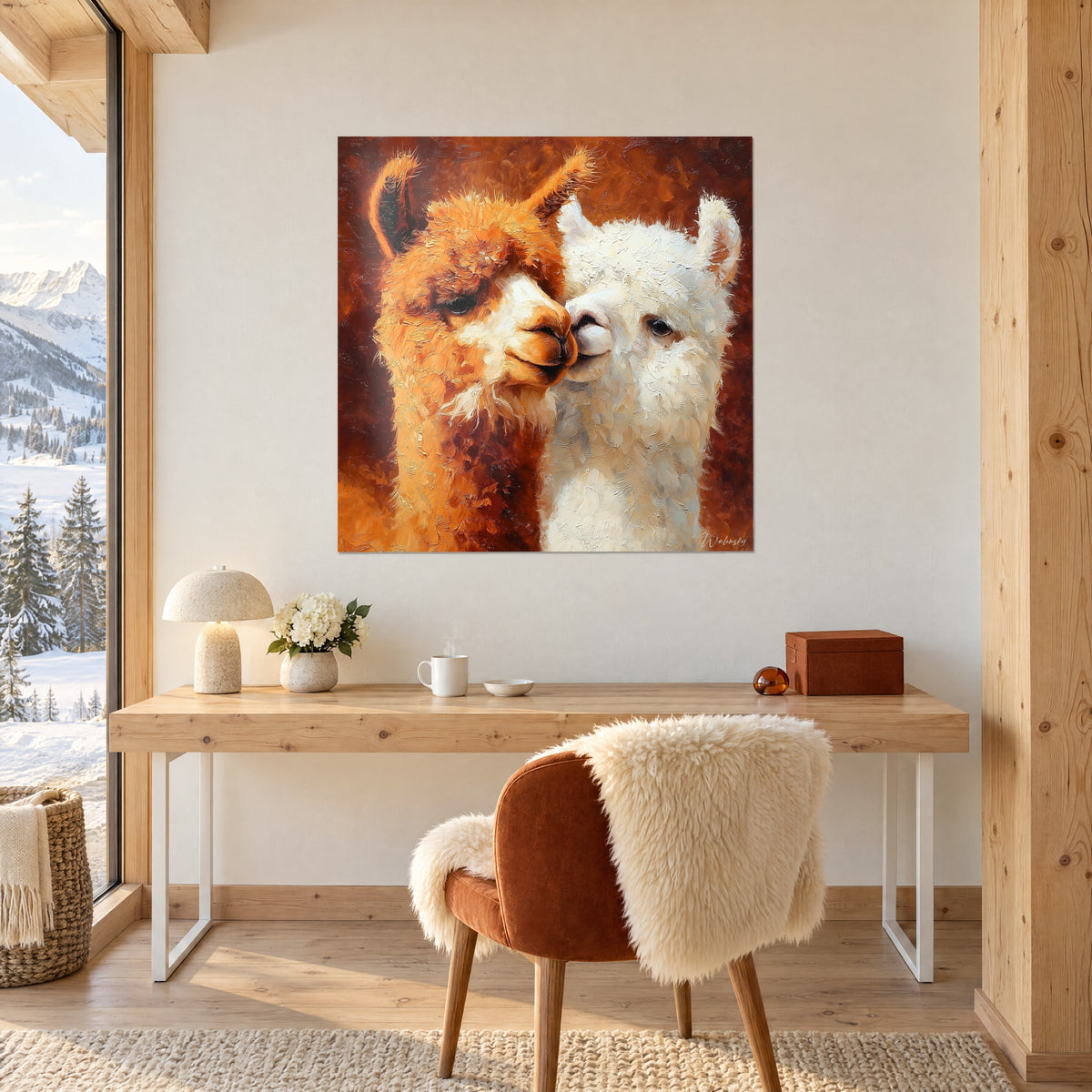 Gemälde vertraute Lamas in Ölmalerei, gebrannter Ocker und gebrochenes Weiß, über einem hellen Holzschreibtisch und einer Lampe