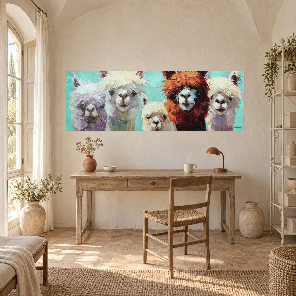 Quadro di alpaca dallo sguardo franco, pennellate spesse viola, crema e rame su turchese, sopra una scrivania in legno chiaro