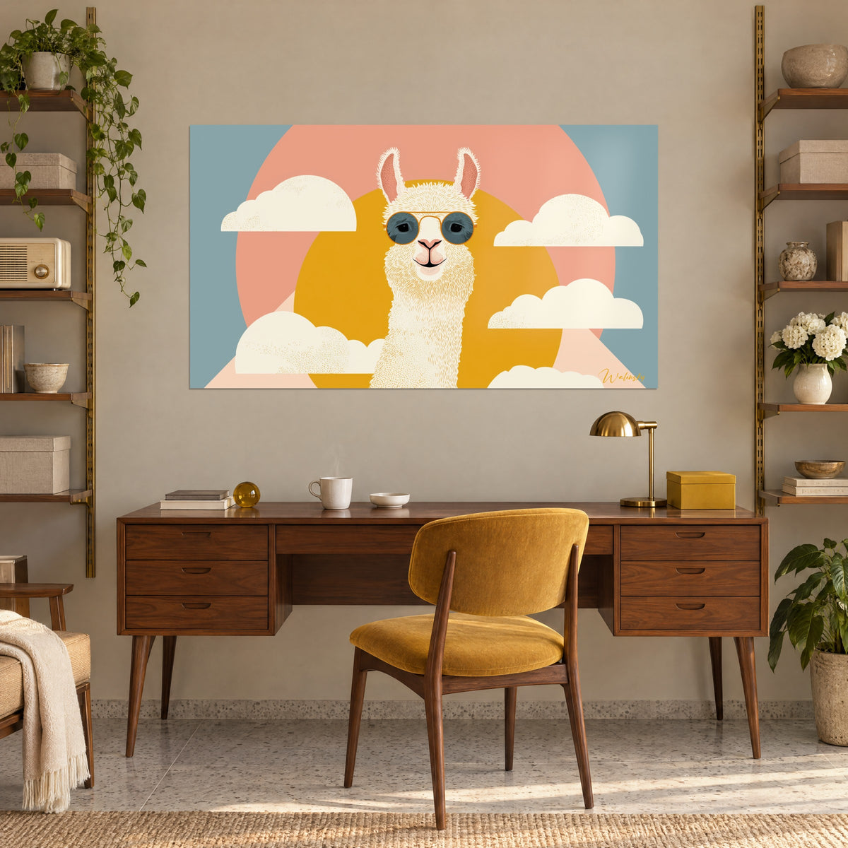 Gemälde grafisches Porträt eines Lamas mit blau getönten Gläsern, beigen Wolken und safranfarbener Sonne, über einem Holzschreibtisch und einem senfgelben Sessel