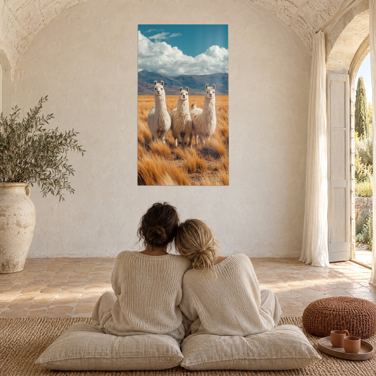 Cuadro tres llamas blancas velando una pradera dorada, cielo azul intenso y relieve malva, dos personas de espaldas en una sala abovedada