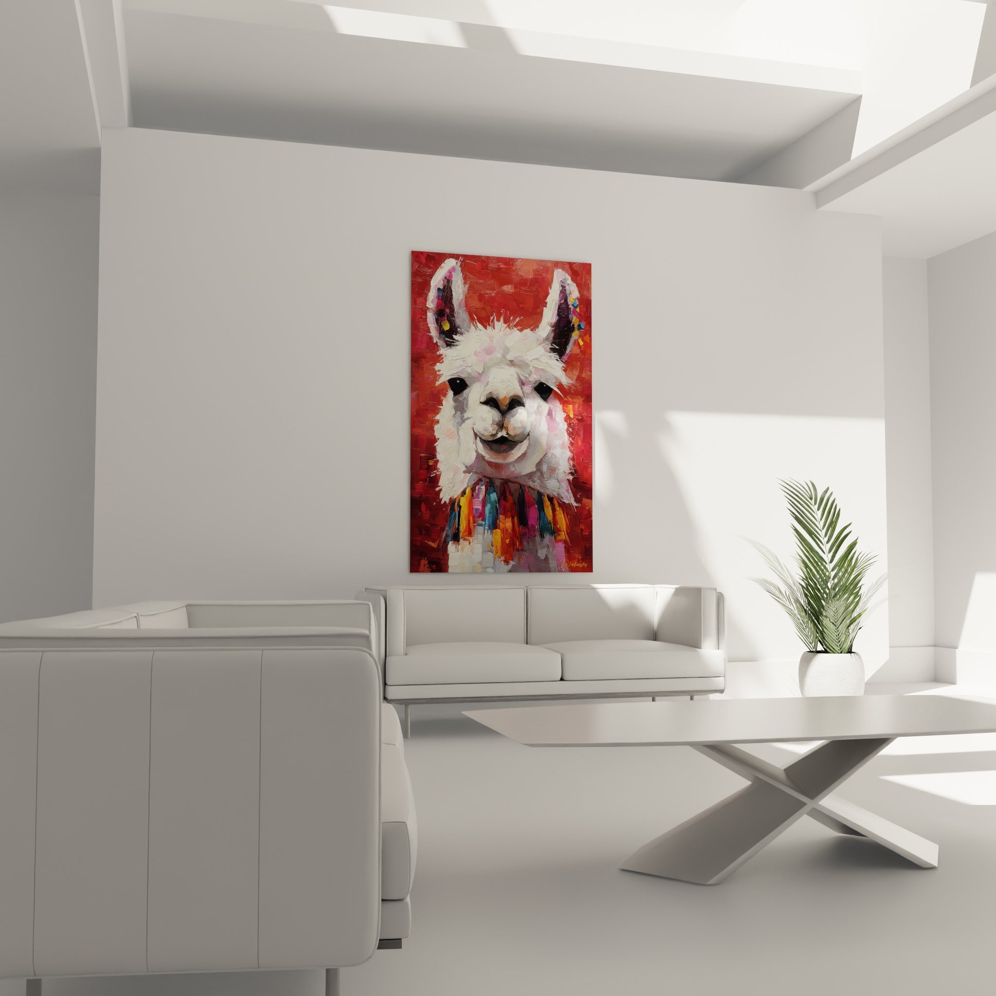 Lama souriant au collier turquoise et magenta suspendu au-dessus d'un canapé dans un salon lumineux