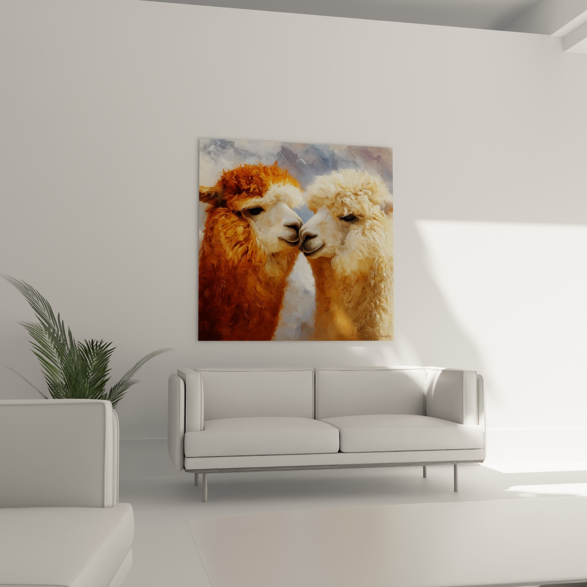 Complicité animale en roux et beige, ce tableau lama trône au-dessus d'un canapé dans un salon lumineux