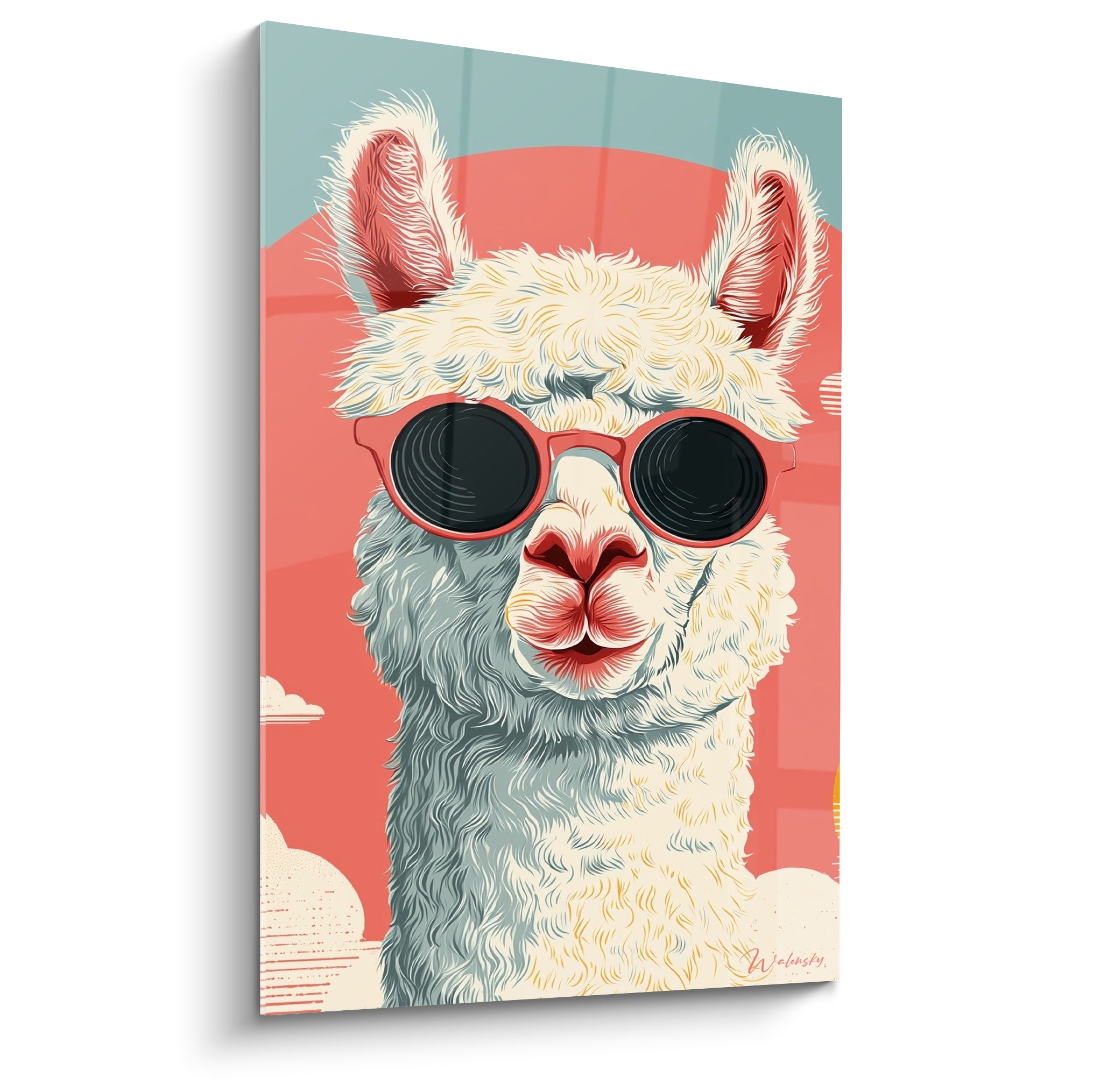 Lama blanc à lunettes de soleil corail, fond bleu pastel et rose, style rétro graphique