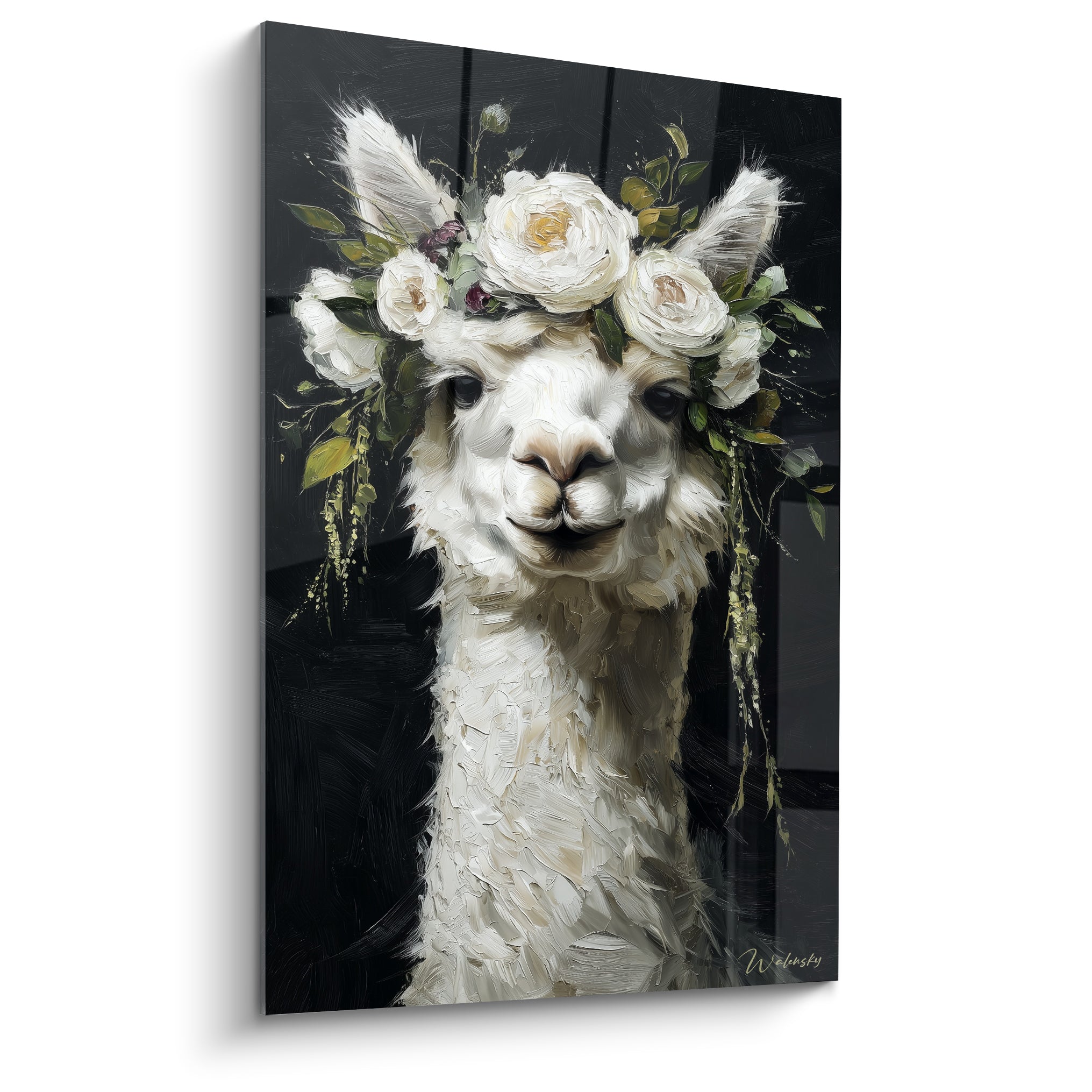 Lama blanc à la couronne de roses blanches et dorées sur fond anthracite, portrait peint