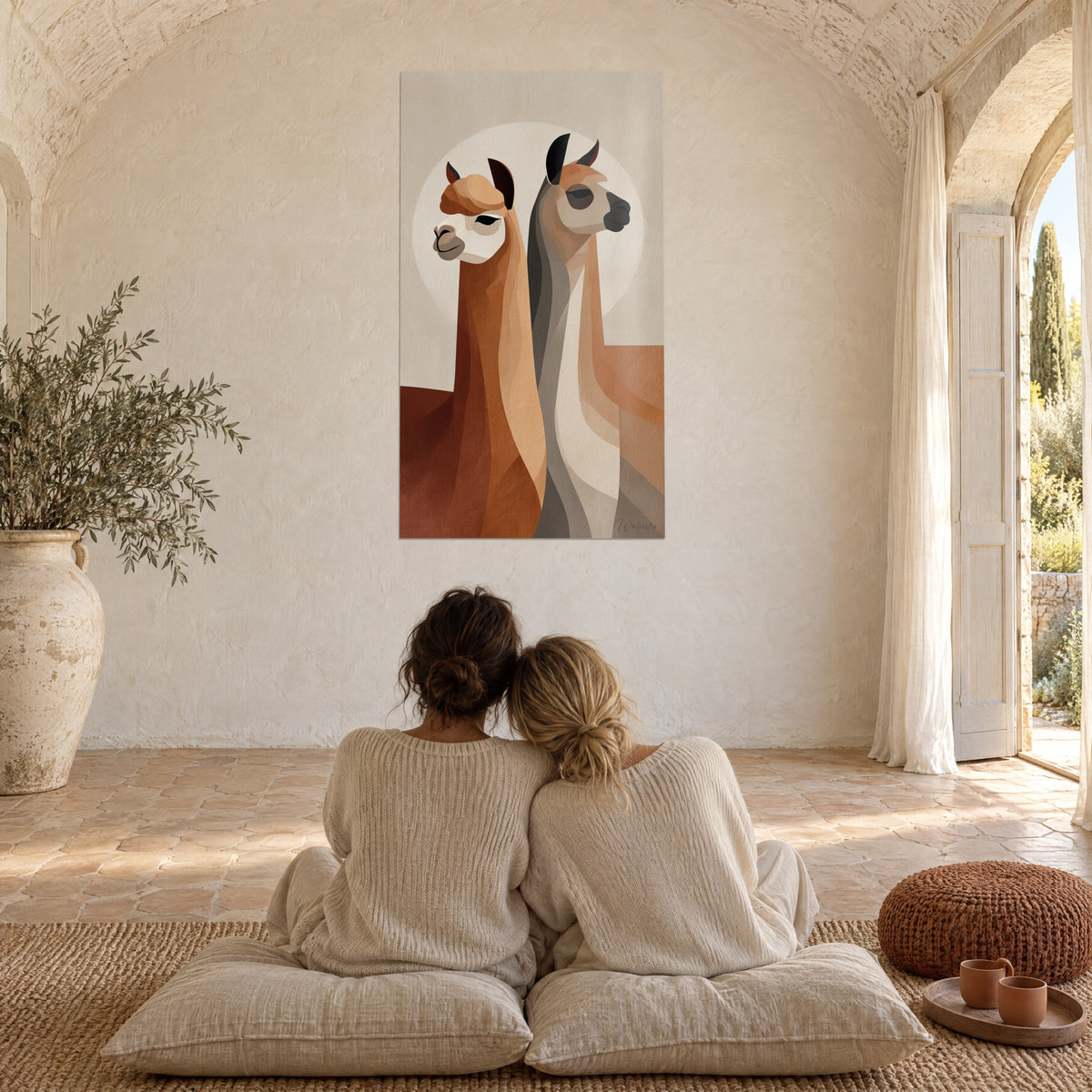 Gemälde Duo rostbrauner und taubengrauer Alpakas, großer heller Halo, vor zwei sitzenden Frauen von hinten, provenzalisches Landhaus