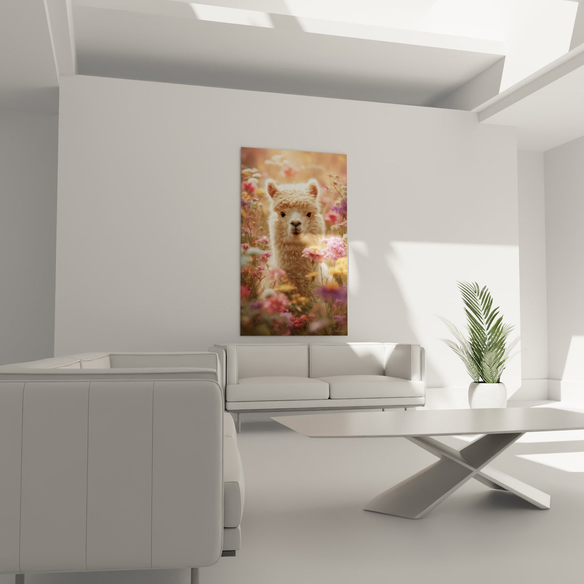 Museau de lama crème parmi les pétales roses et orangés, au-dessus d'un canapé dans un salon lumineux