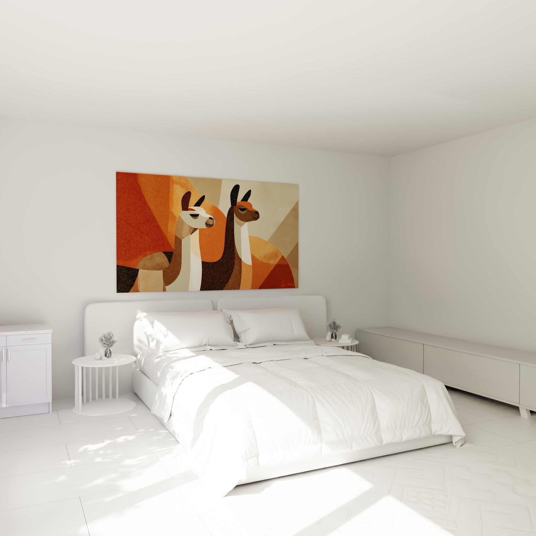 Silhouettes de lamas brun et anthracite accrochées au-dessus d'un lit dans une chambre claire