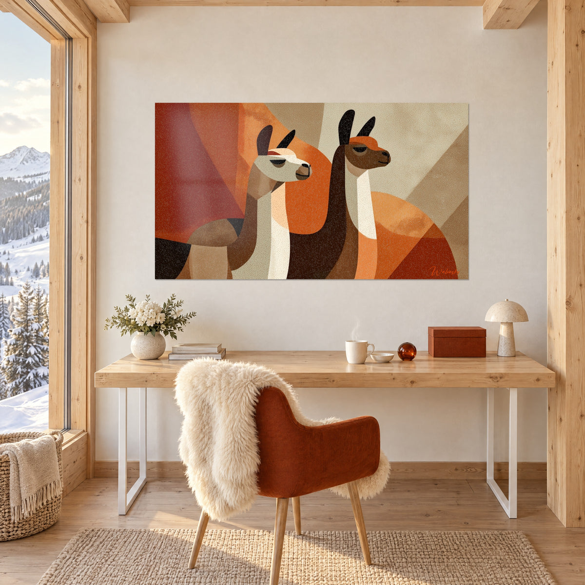 Gemälde zwei Alpakas in gebrannten Orange- und Schokoladenbraun-Flächen, über einem Holzschreibtisch und einem rostfarbenen Sessel