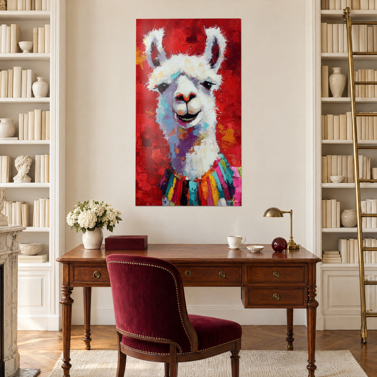 Cuadro de cabeza de llama pintada con espátula, blanco cremoso y rojo cereza, bufanda arcoíris, entre dos estanterías de un escritorio de madera
