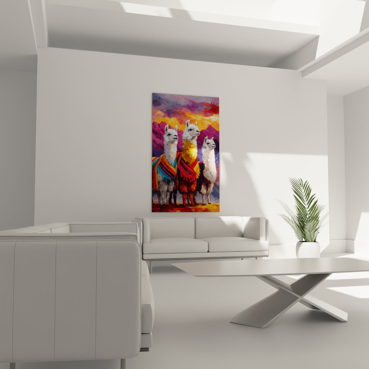 Trio de lamas blancs et montagnes pourpres en tableau expressif, au-dessus d'un canapé dans un salon lumineux