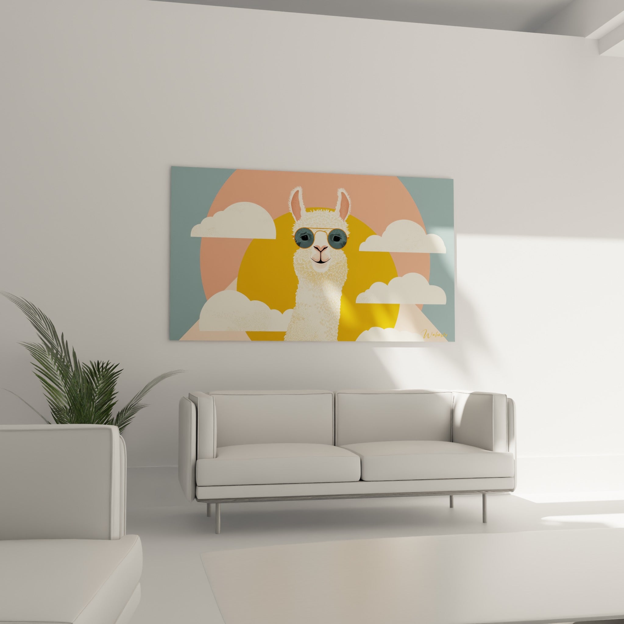 Portrait du lama facétieux entouré de nuages blancs au-dessus d'un canapé dans un salon lumineux