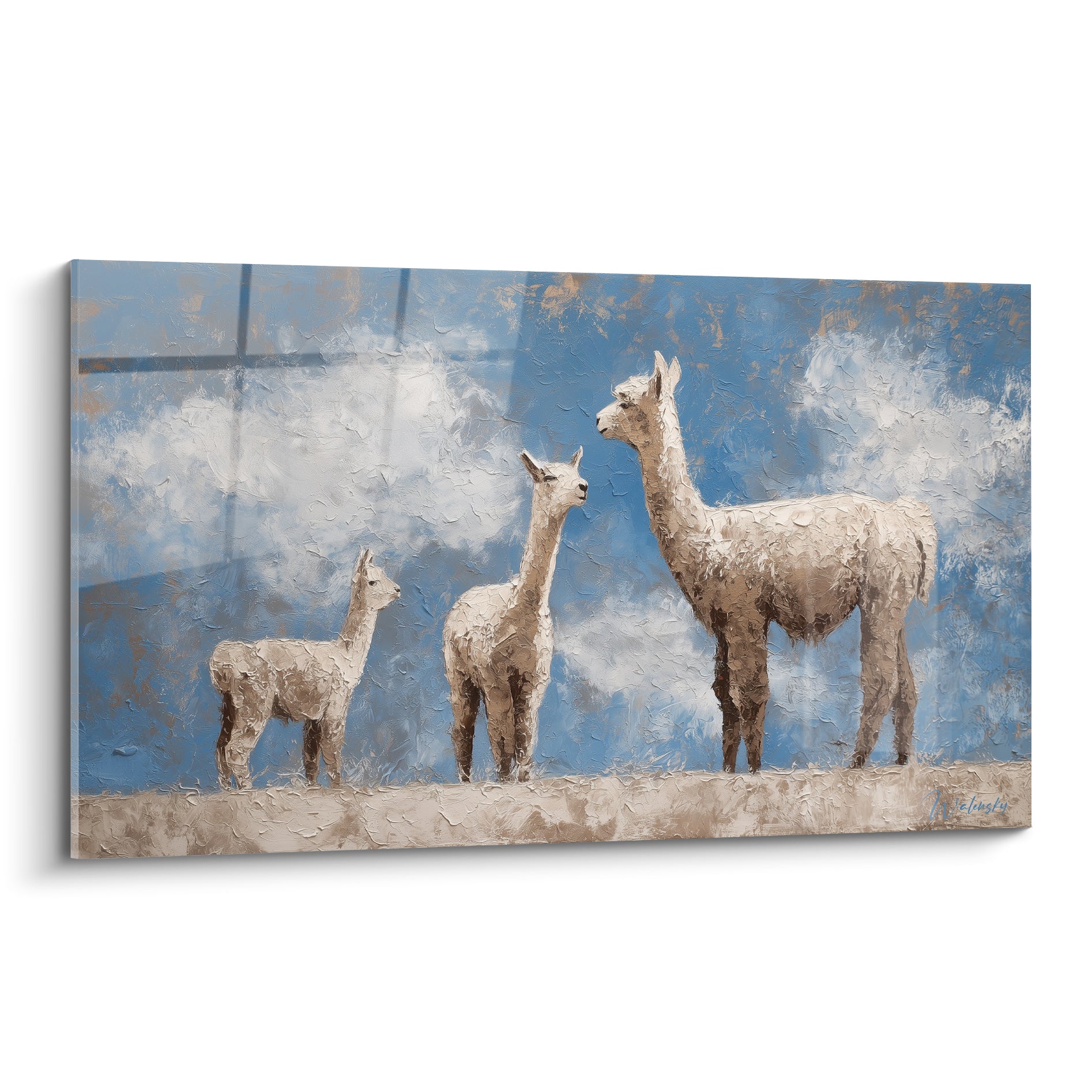 Trois lamas beige alignés sur fond bleu ciel texturé, empâtements et touches dorées visibles