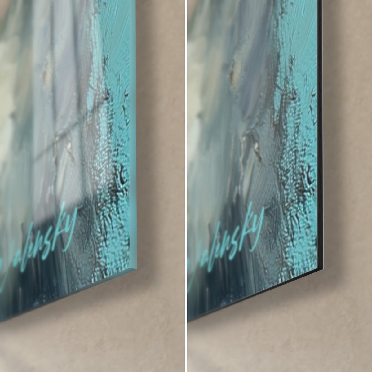 Quadro cinque lama in olio turchese e avorio, angolo in basso a destra: vetro lucido a sinistra, Dibond nero opaco a destra