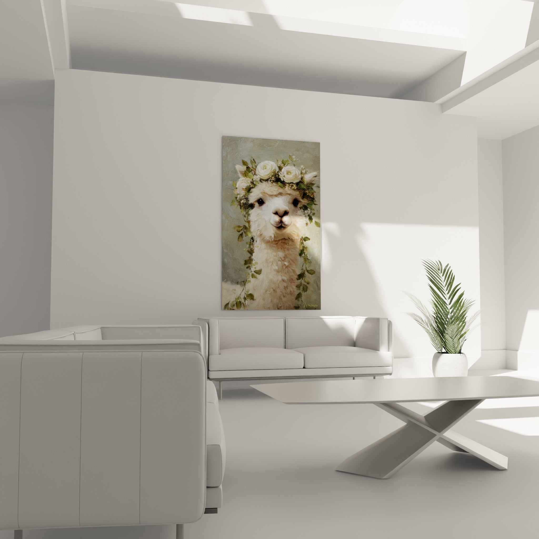 Lama couronné de roses blanches et lierre vert sauge, au-dessus d'un canapé dans un salon lumineux