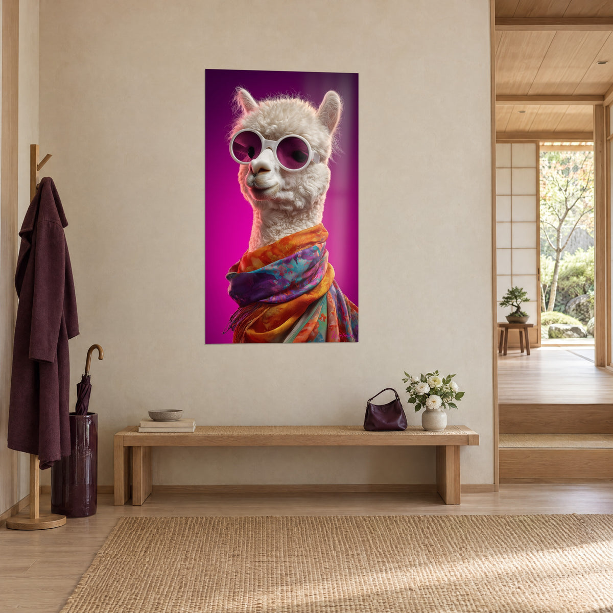 Schilderij wollige alpaca met witte ronde bril, oranje en paarse sjaal, magenta achtergrond, japandi entree in licht hout