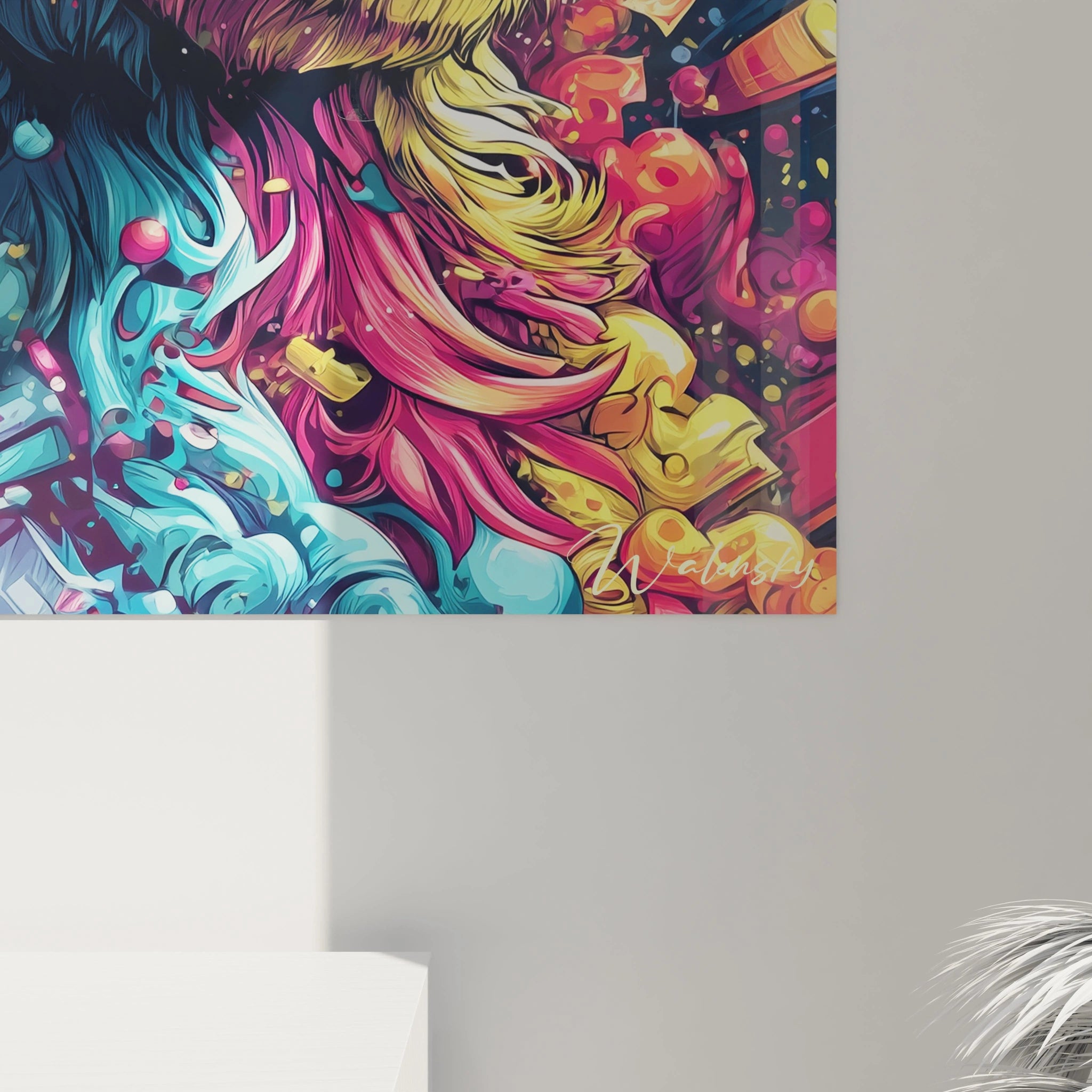 Vue ensemble tableau mural lama psychédélique lunettes colorées décoration moderne art contemporain vibrant