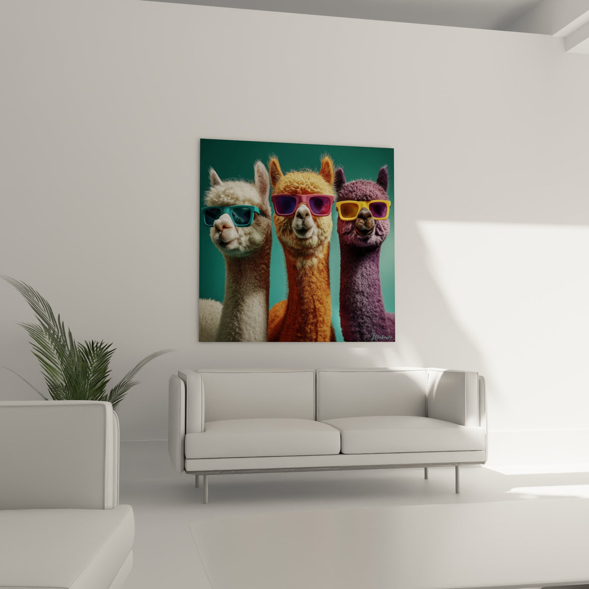 Trio de lamas en lunettes de soleil, pelage orange et violet, au-dessus d'un canapé dans un salon lumineux