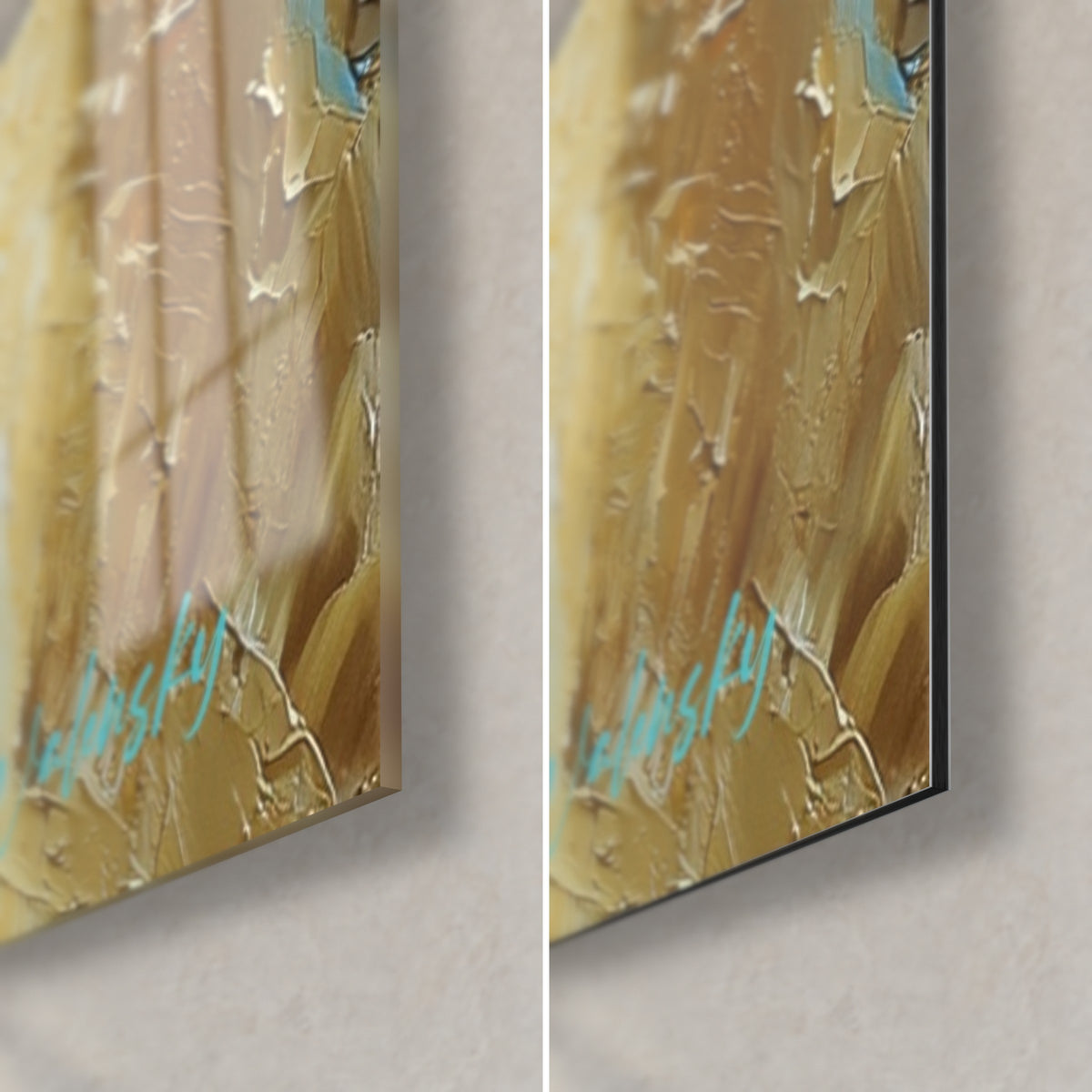 Gemälde Lama mit goldenem Fell, untere rechte Ecke: glänzendes Acrylglas links, mattschwarzes Dibond rechts, 3 mm Kante