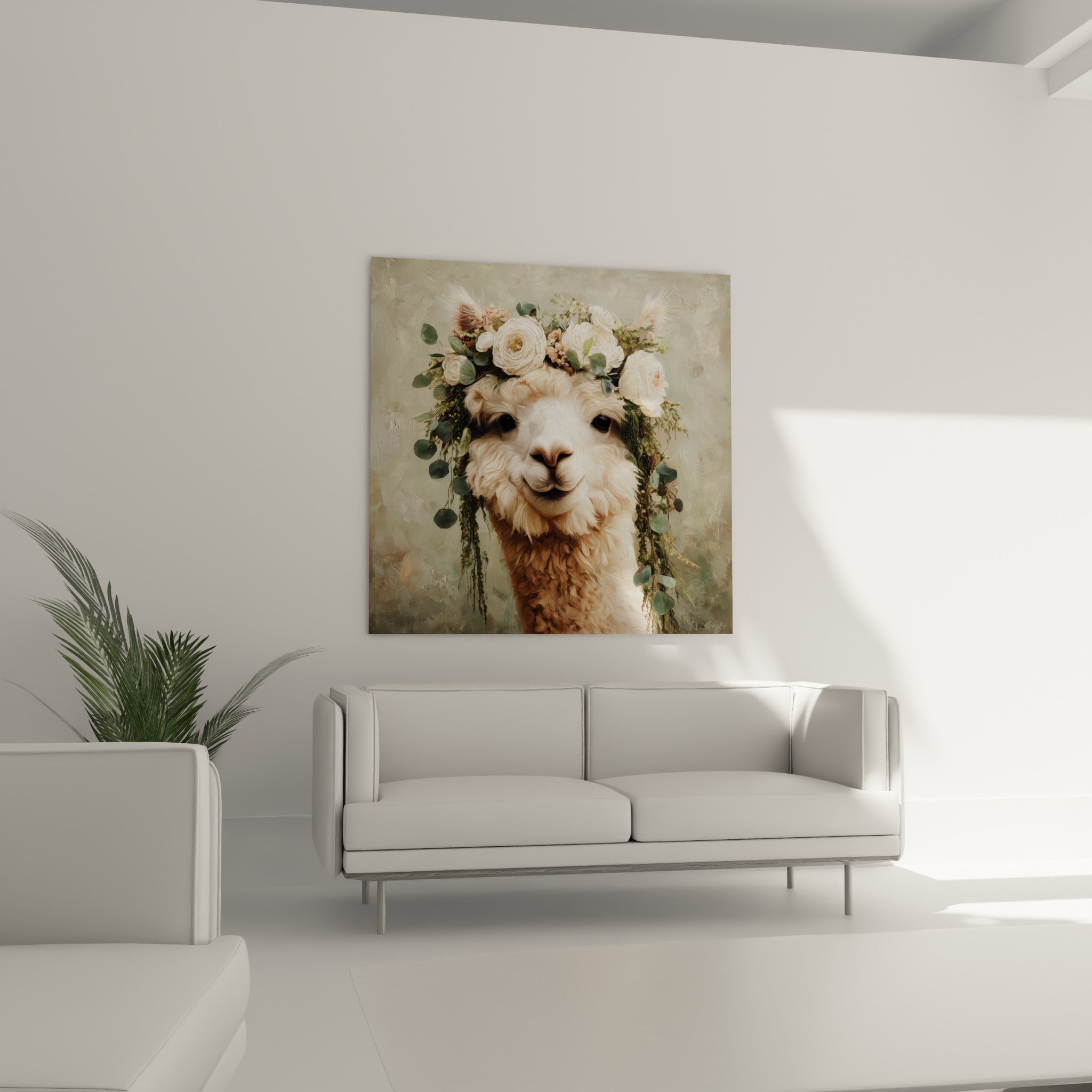 Museau attendrissant de lama beige orné de roses blanches, disposé au-dessus d'un canapé dans un salon lumineux