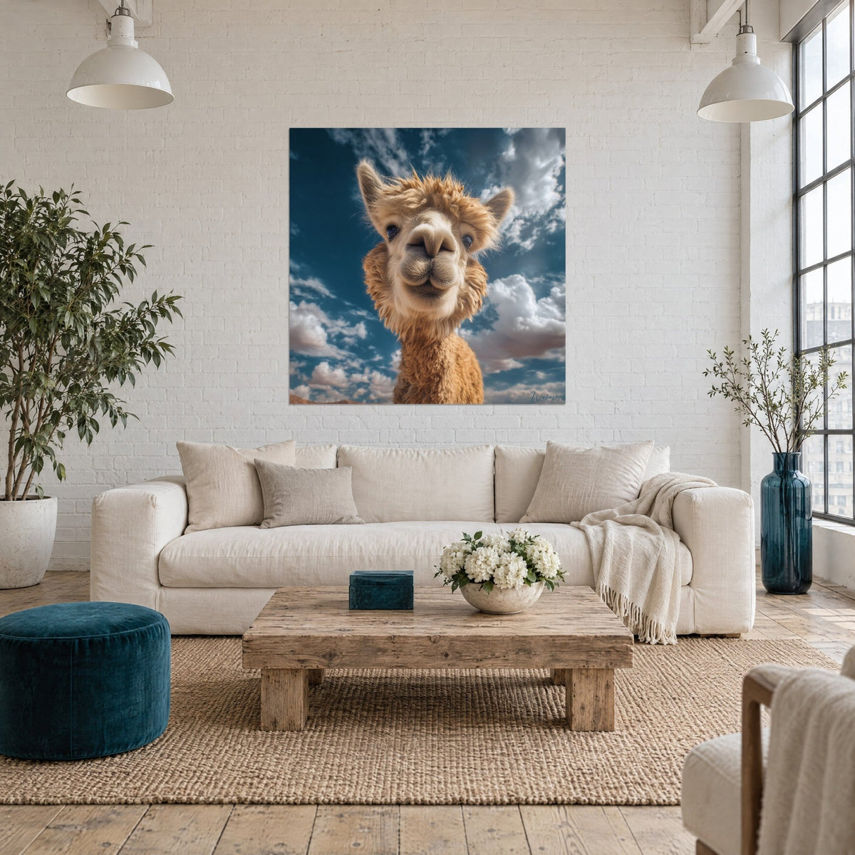 Wall art of a tawny alpaca with a playful gaze against a cloudy blue sky, tousled golden wool, above a sofa in a bright living room