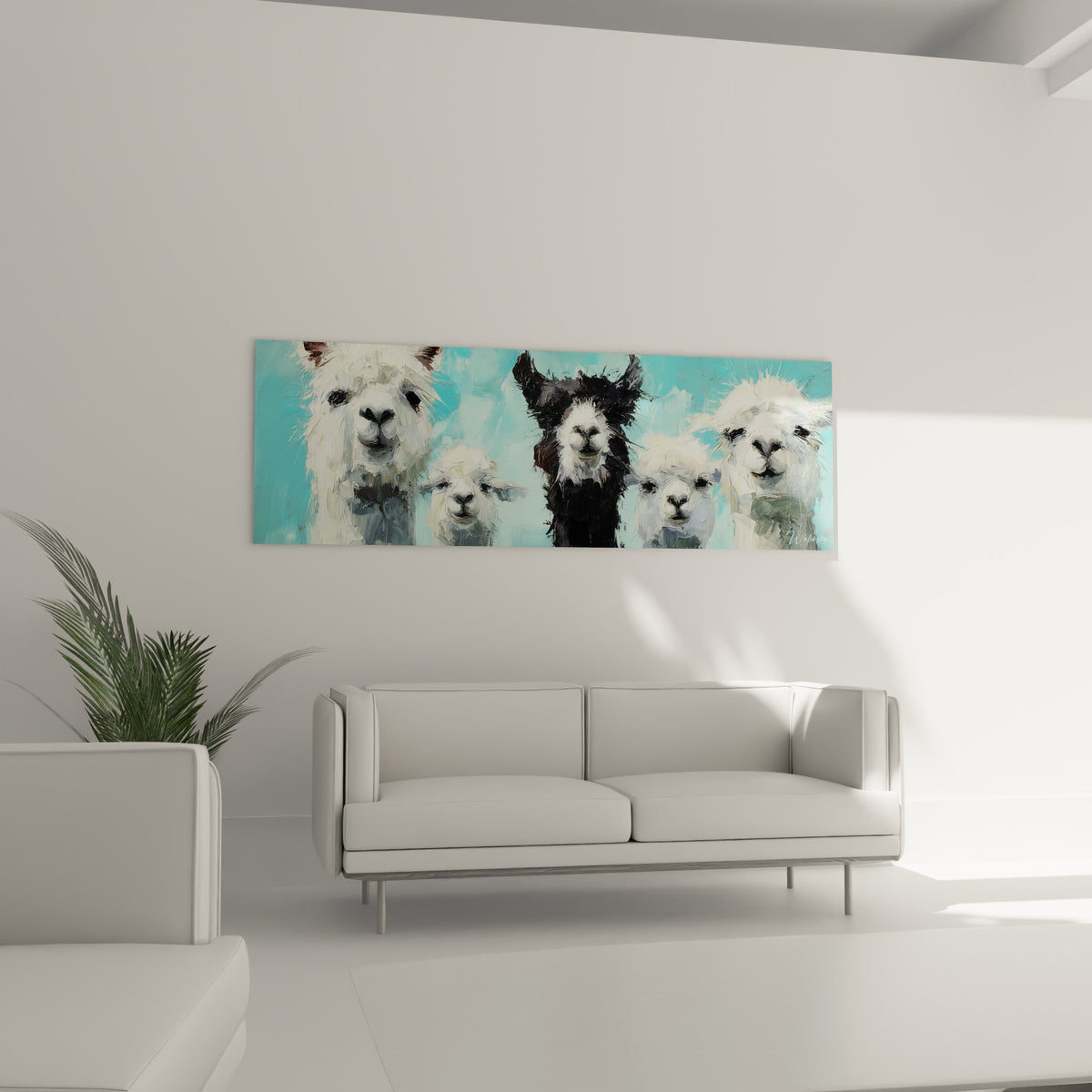 Lamas blancs et noir aux museaux détaillés sur fond bleu turquoise, au-dessus d'un canapé dans un salon lumineux