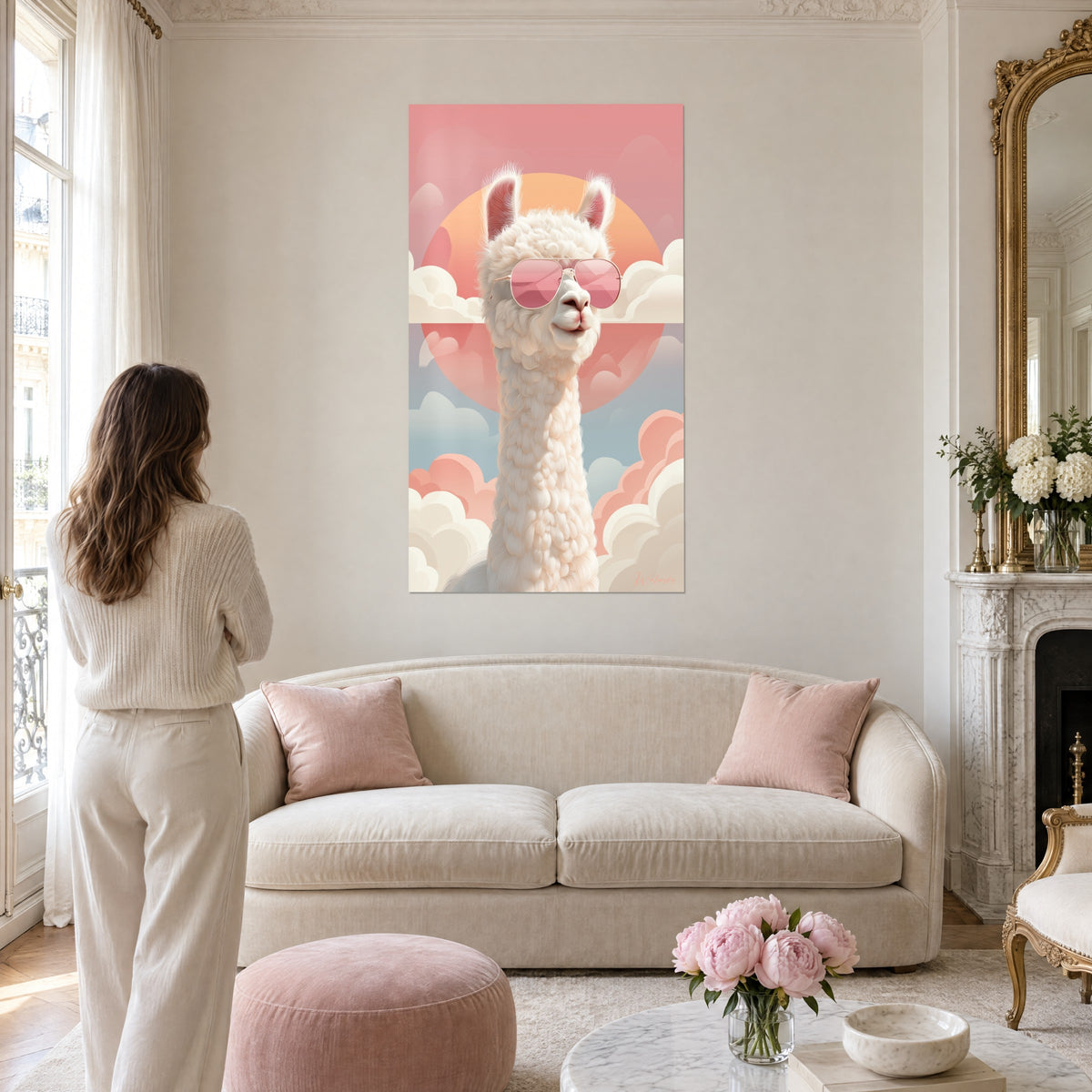 Tableau alpaga blanc laineux à lunettes aviateur roses, soleil orangé et nuages crème, au-dessus d'un canapé dans un salon lumineux