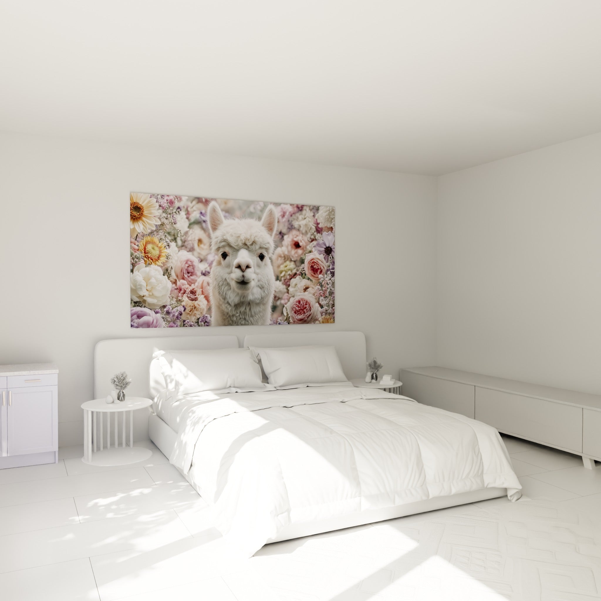 Jeune lama blanc niché parmi des fleurs roses et jaune doré, accroché au-dessus d'un lit dans une chambre claire