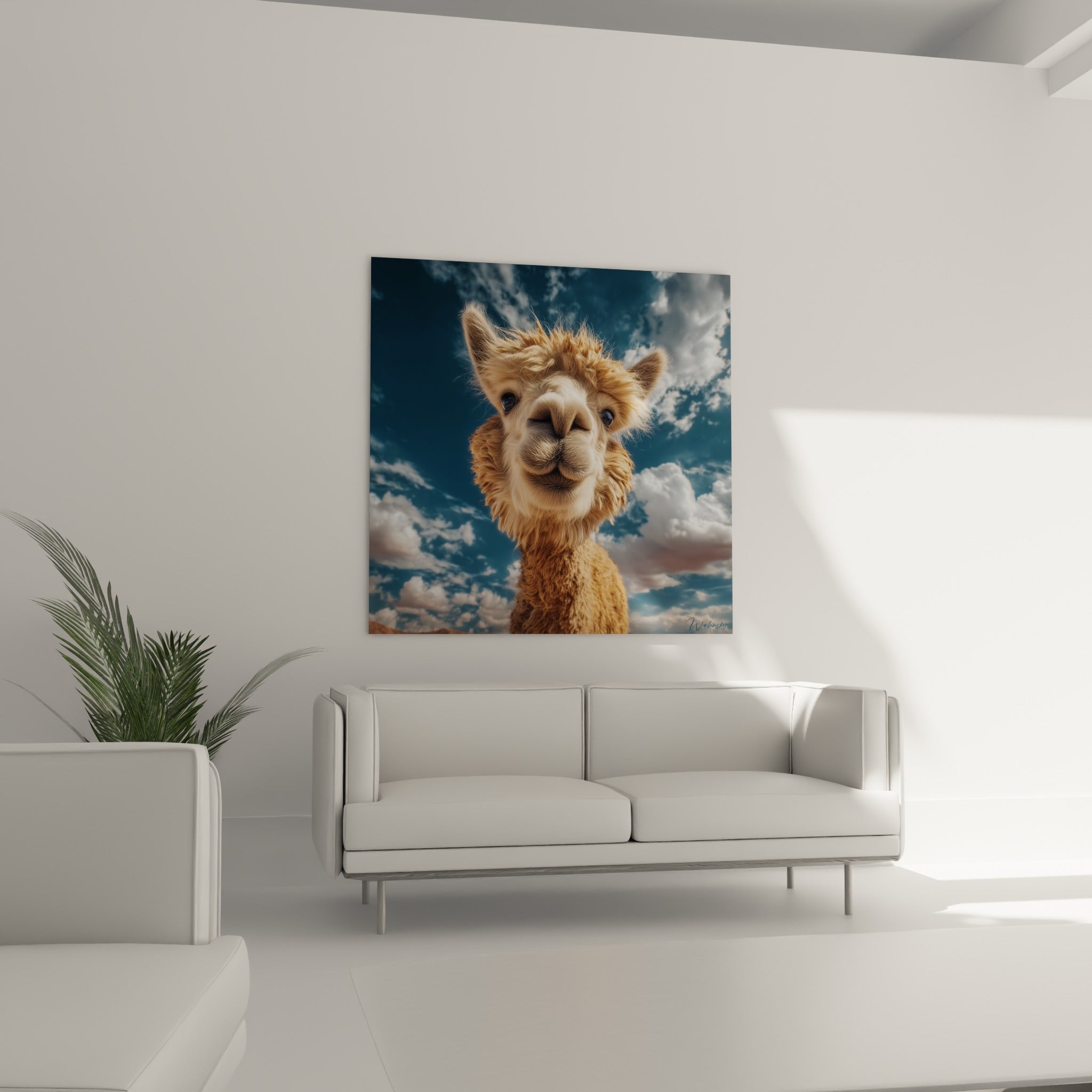 Pelage hérissé du lama aux teintes fauve et ocre suspendu au-dessus d'un canapé dans un salon lumineux