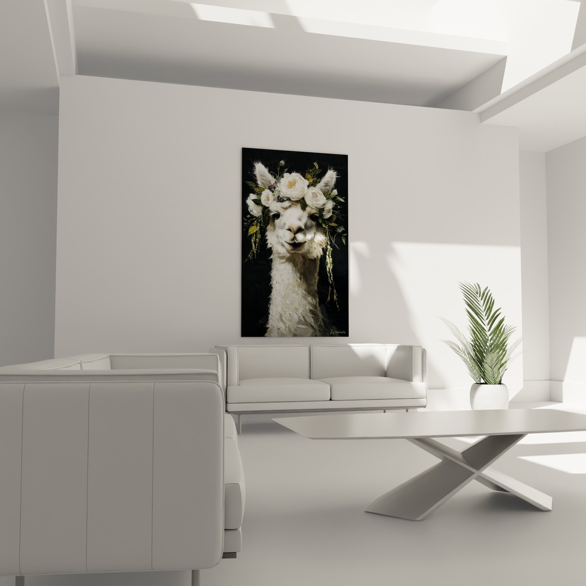Regard doux du lama couronné de fleurs blanches, suspendu au-dessus d'un canapé dans un salon lumineux