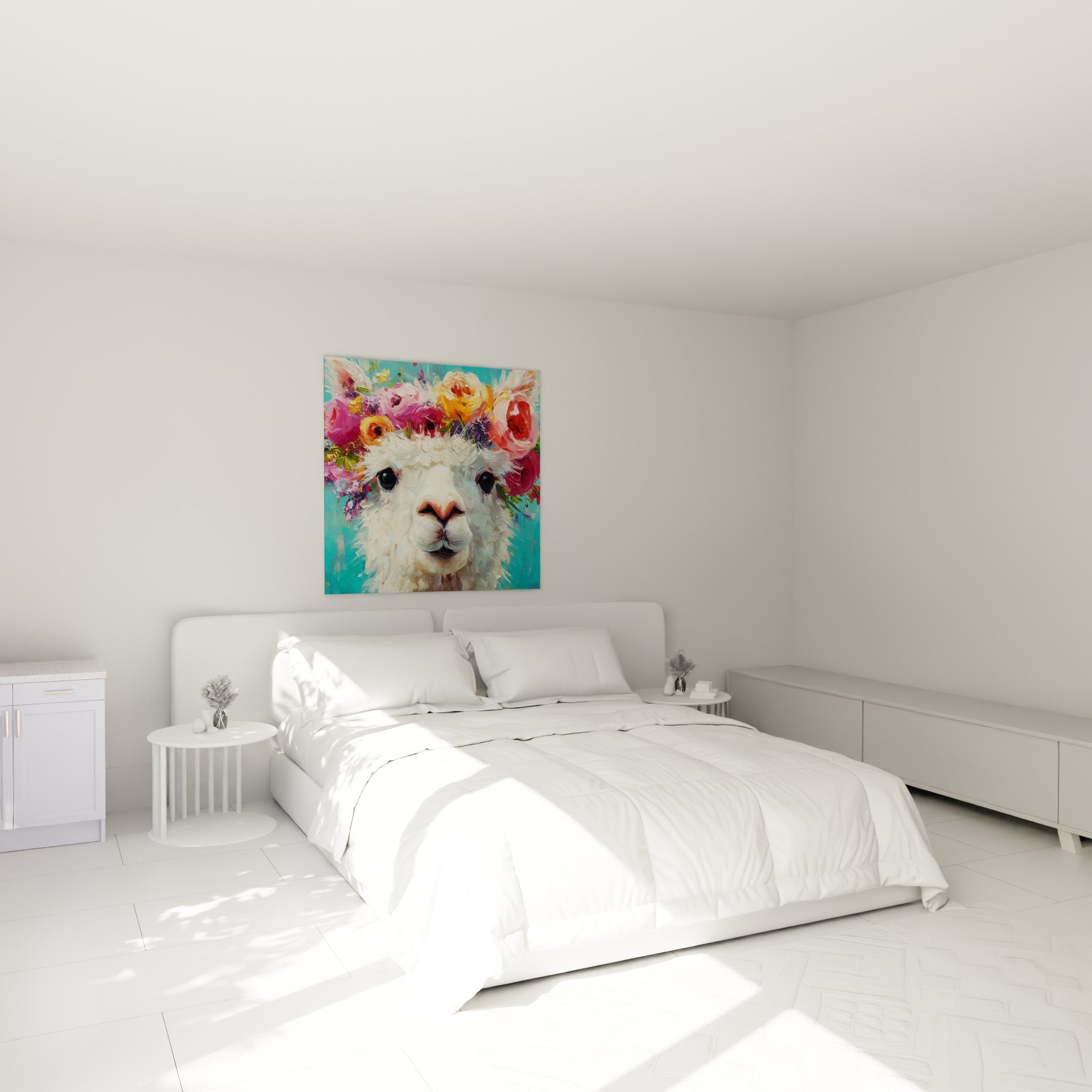 Fleurs roses et corail couronnant un lama blanc, accrochée au-dessus d'un lit dans une chambre claire