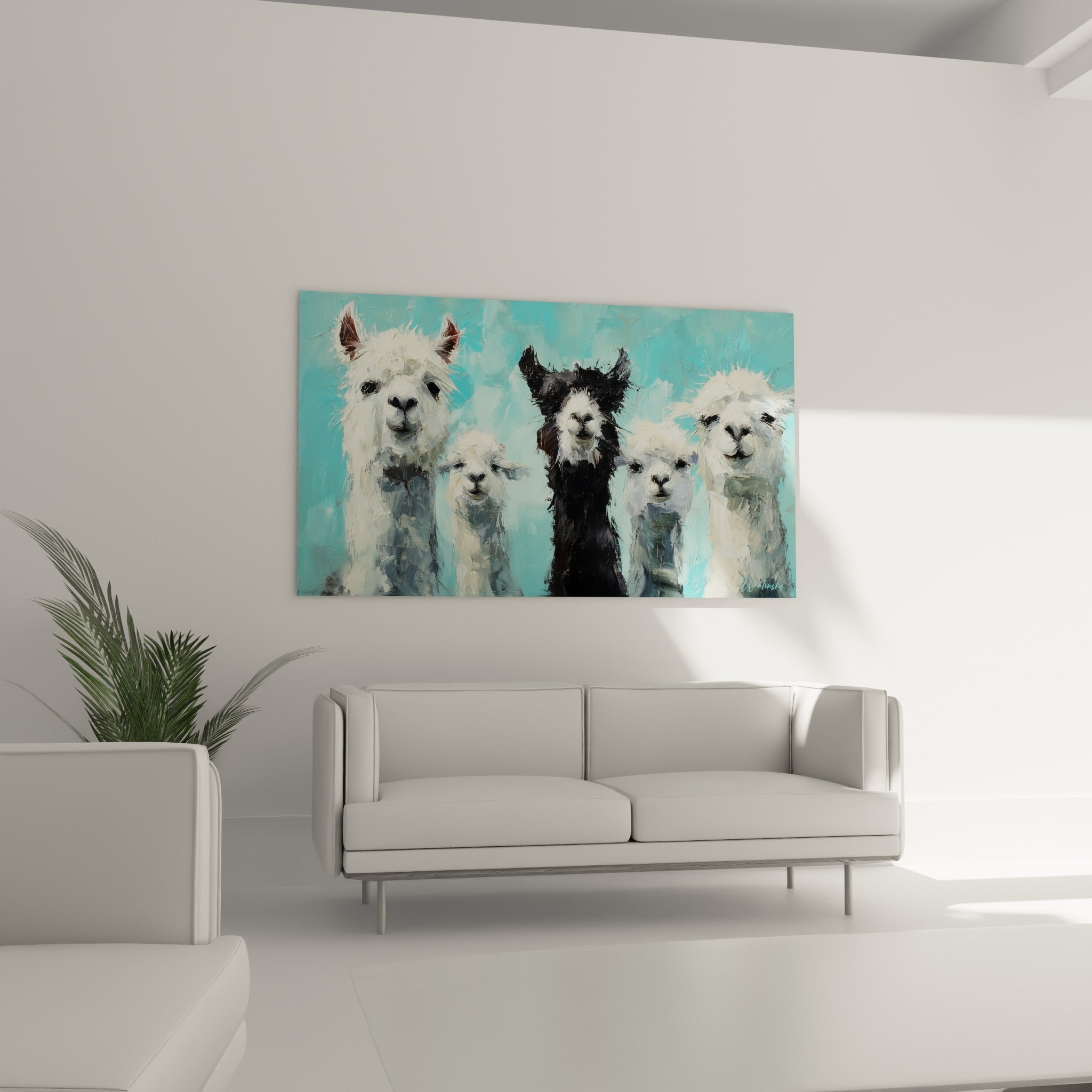 Lamas blancs et noir sur fond bleu turquoise, suspendus au-dessus d'un canapé dans un salon lumineux