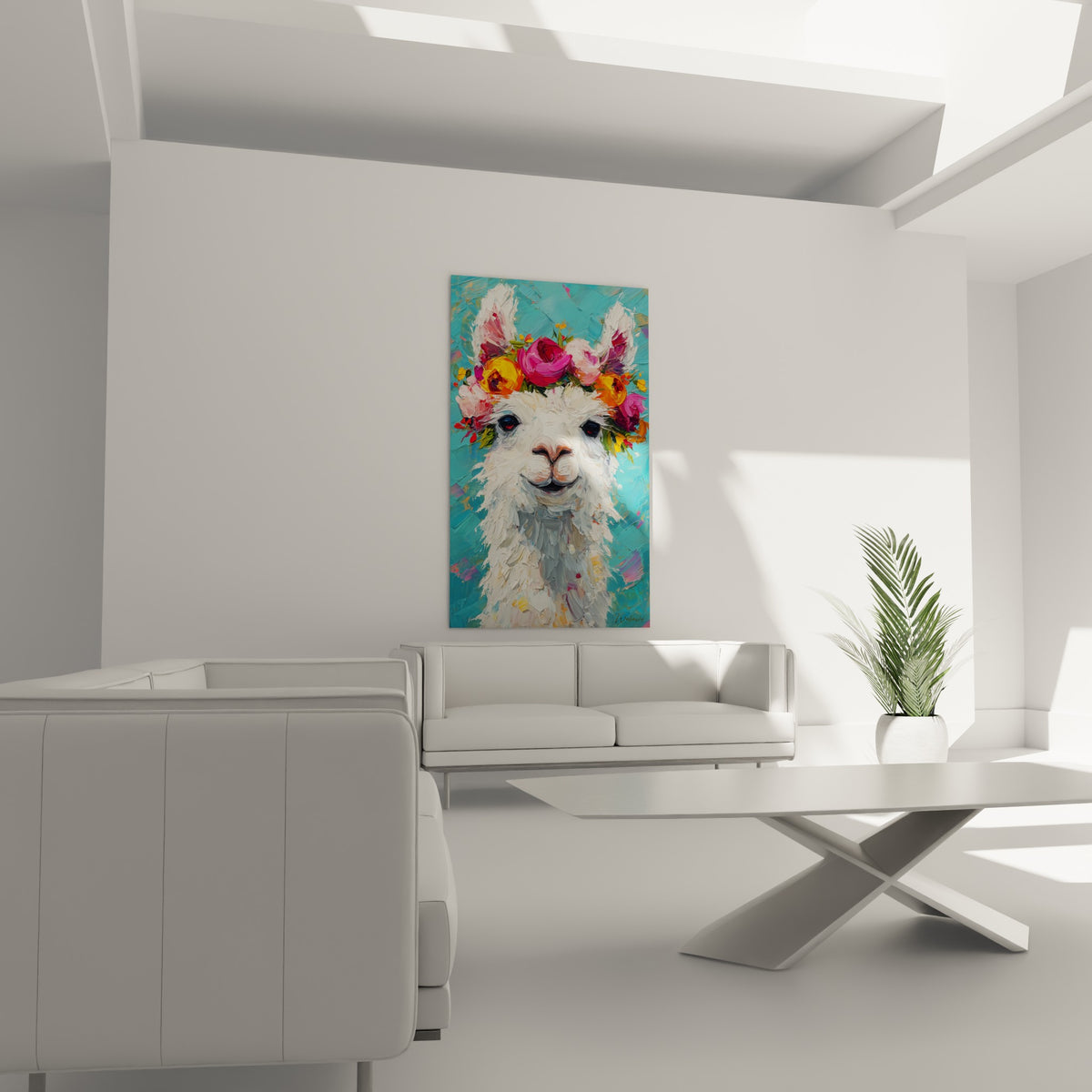 Portrait de lama fleuri aux teintes turquoise et rose vif, suspendu au-dessus d'un canapé dans un salon lumineux