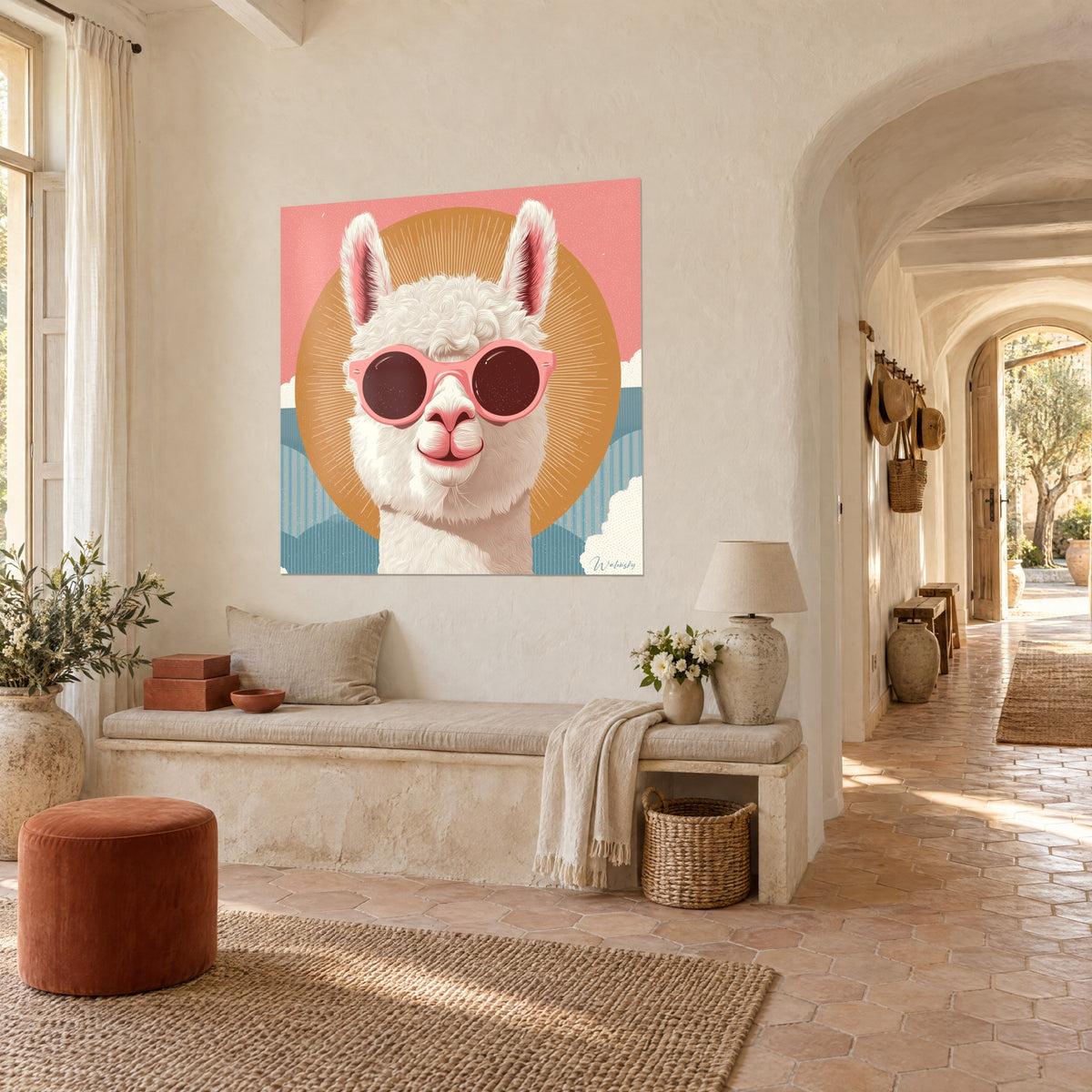 Wall art of a woolly alpaca wearing pink sunglasses, orange halo glowing over a coral sky and blue hills, arcaded hallway