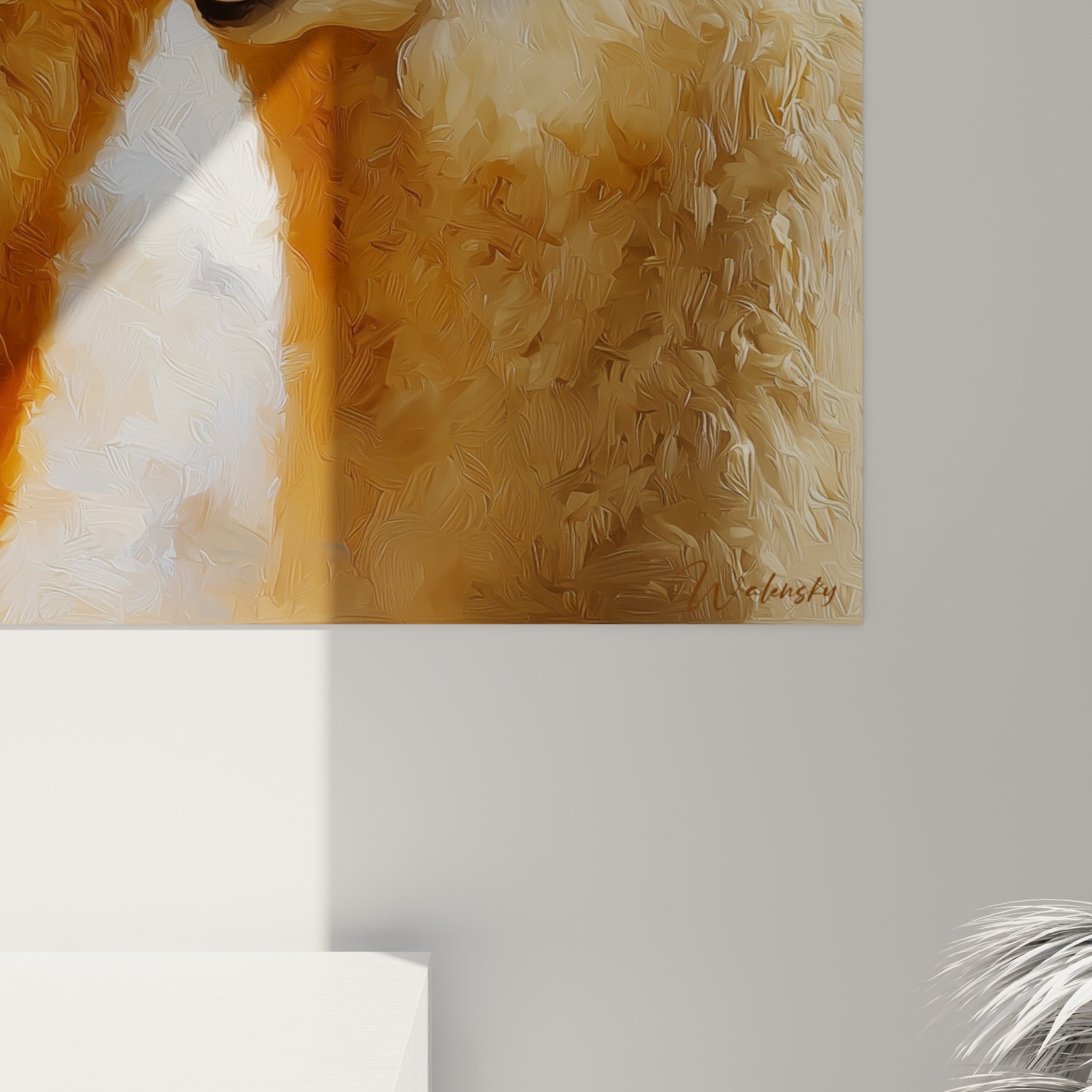 Empâtements épais de peinture révélant la fourrure rousse et crème des lamas, grain visible sous la lumière