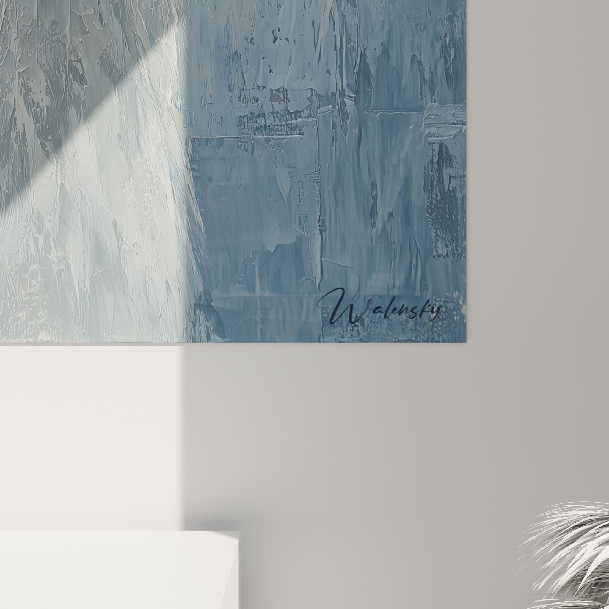 Empâtements épais du pelage blanc et coulures bleu ardoise visibles en gros plan sur la toile