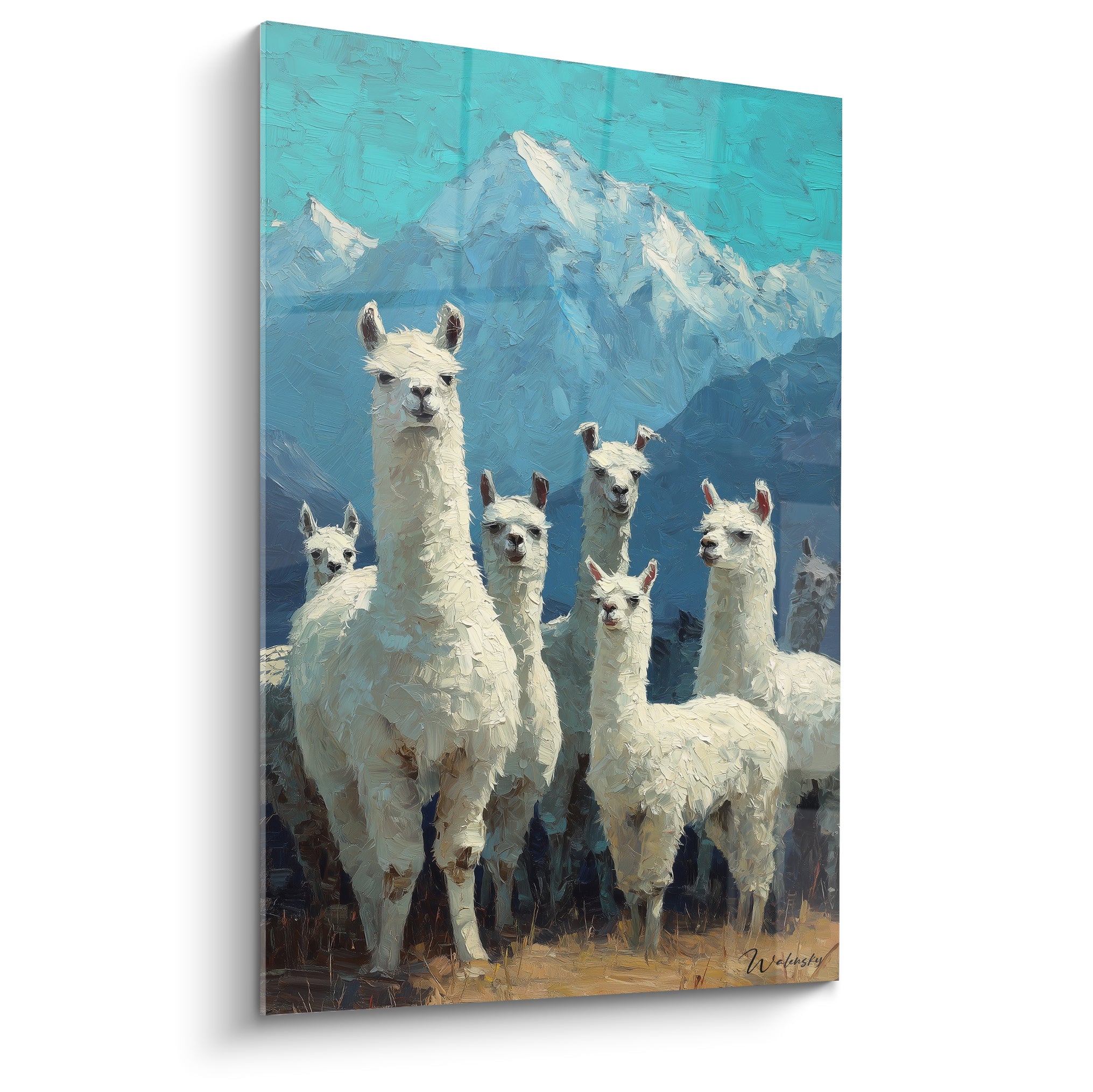 Troupeau de lamas blancs devant montagnes turquoise et bleu ardoise peintes au couteau